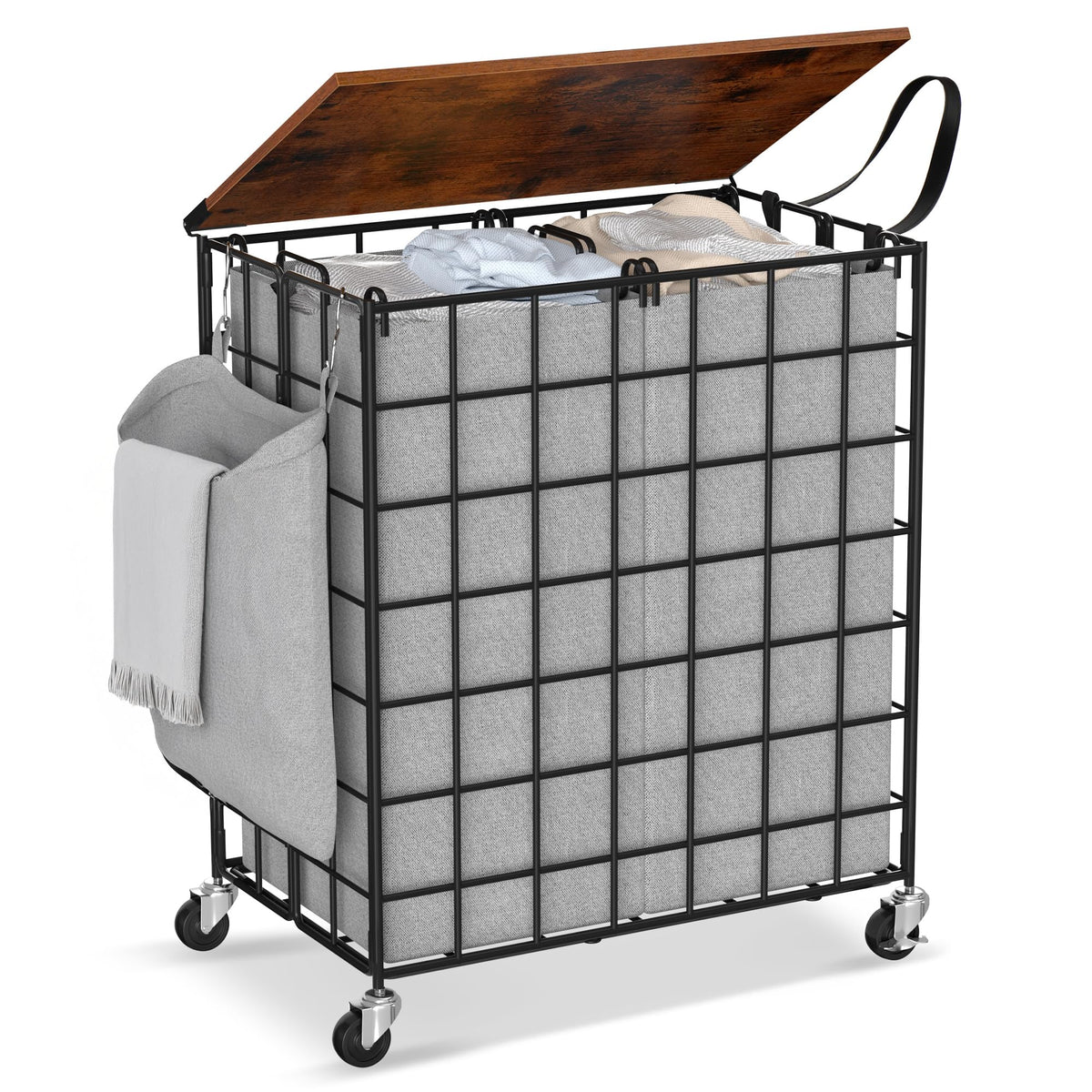 DXIGUSO Laundry Basket with Wheels, Heavy Duty Laundry Sorter 2 Sections, 120L (32Gal.) Large Capacity Laundry Hamper with Wood 