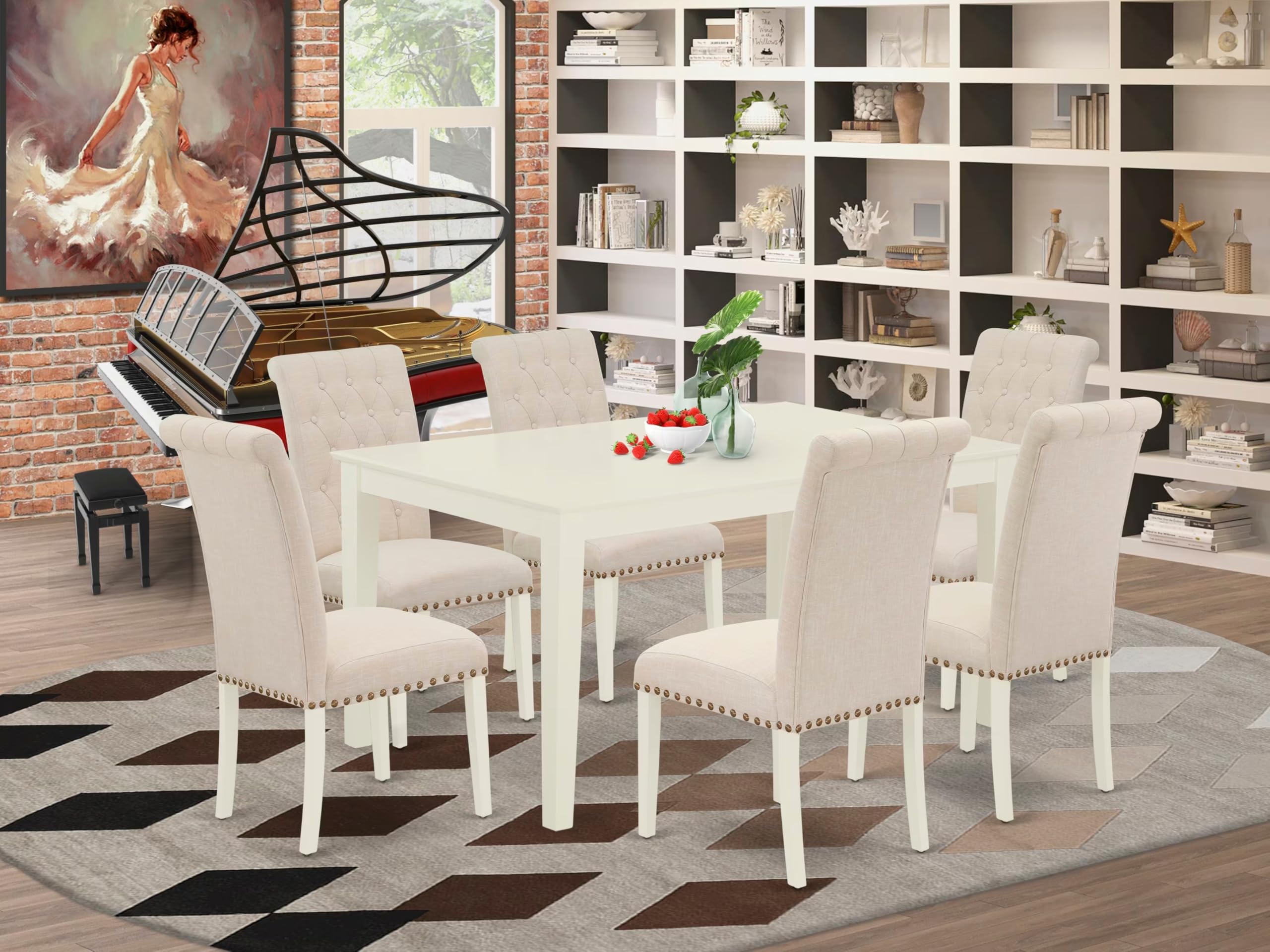 East West Furniture CABR7-LWH-02 7 Piece Dining Table Set Consist of a Rectangle Kitchen Table and 6 Light Beige Linen Fabric Parson Dining Chairs, 36x60 Inch, Linen White