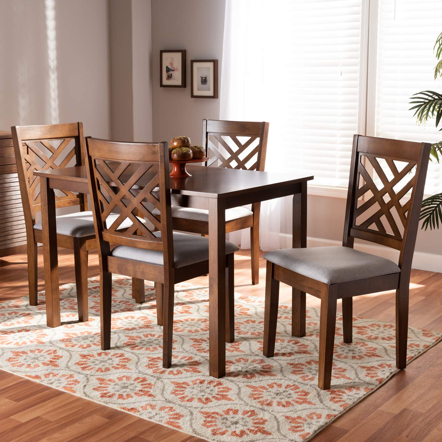Baxton Studio Caron Modern and Contemporary Grey Fabric Upholstered Walnut Brown Finished Wood 5-Piece Dining Set
