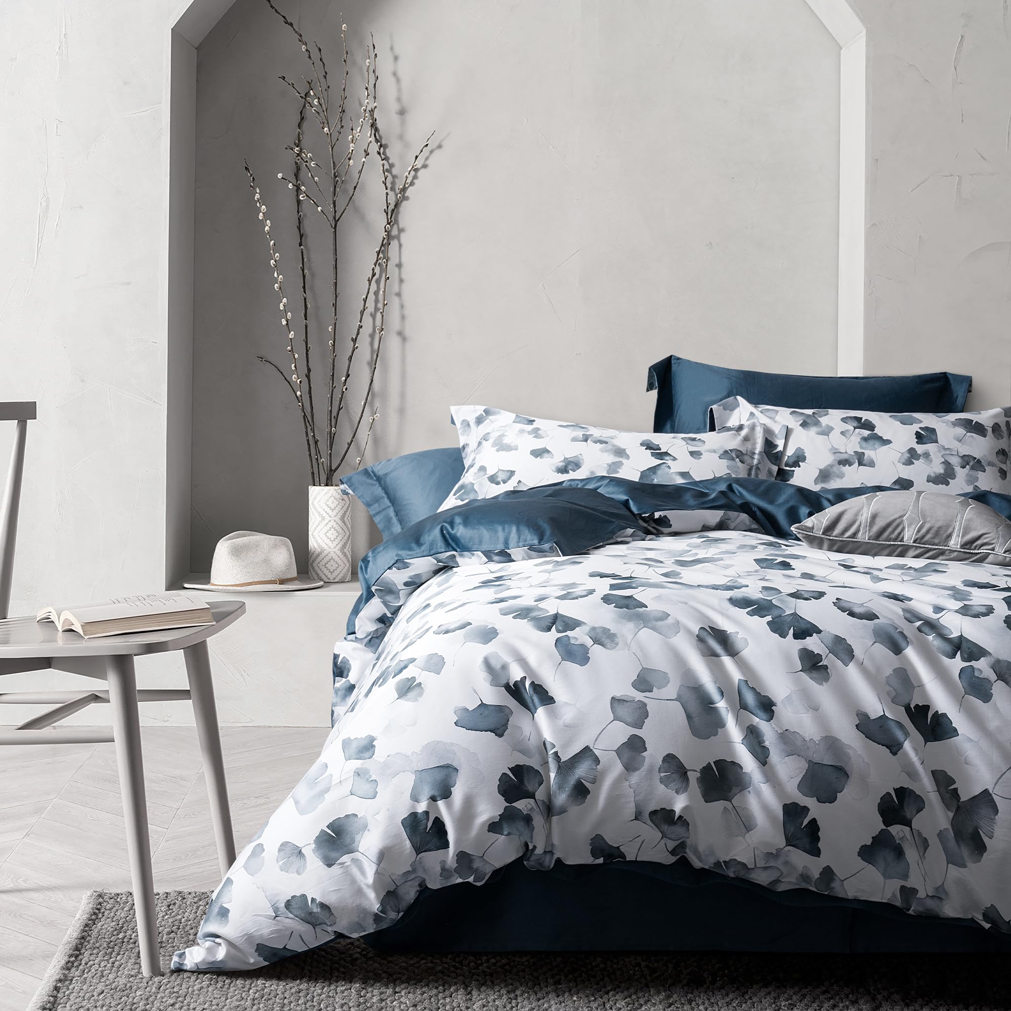 MILDLY 100% Long-Staple Cotton Duvet Cover Set Light Navy Ginkgo Leaf Pattern Printed Comforter Cover 3pcs, Ultra Soft & Breatha