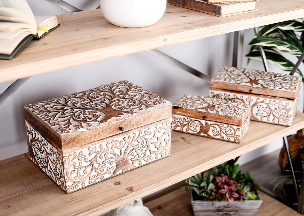 Deco 79 Mango Wood Floral Decorative Box Decorative Keepsake Boxes With Hinged Lid, Set Of 3 Storage Boxes 8'', 10'', 12''W, Bro