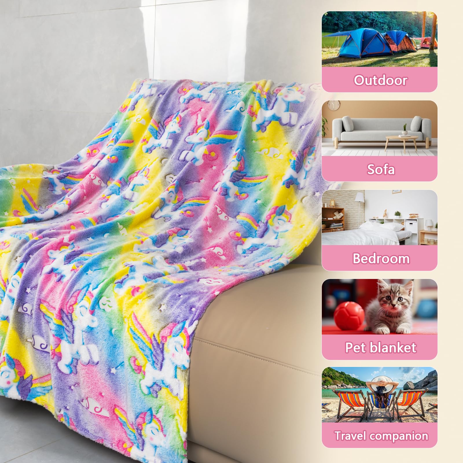 Glow In The Dark Unicorn Blanket 50X60 Inch Rainbow Blanket Gifts For Girls Soft Pink Throw Blanket For Bed 3 4 5 6 7 8 9 10 Yea