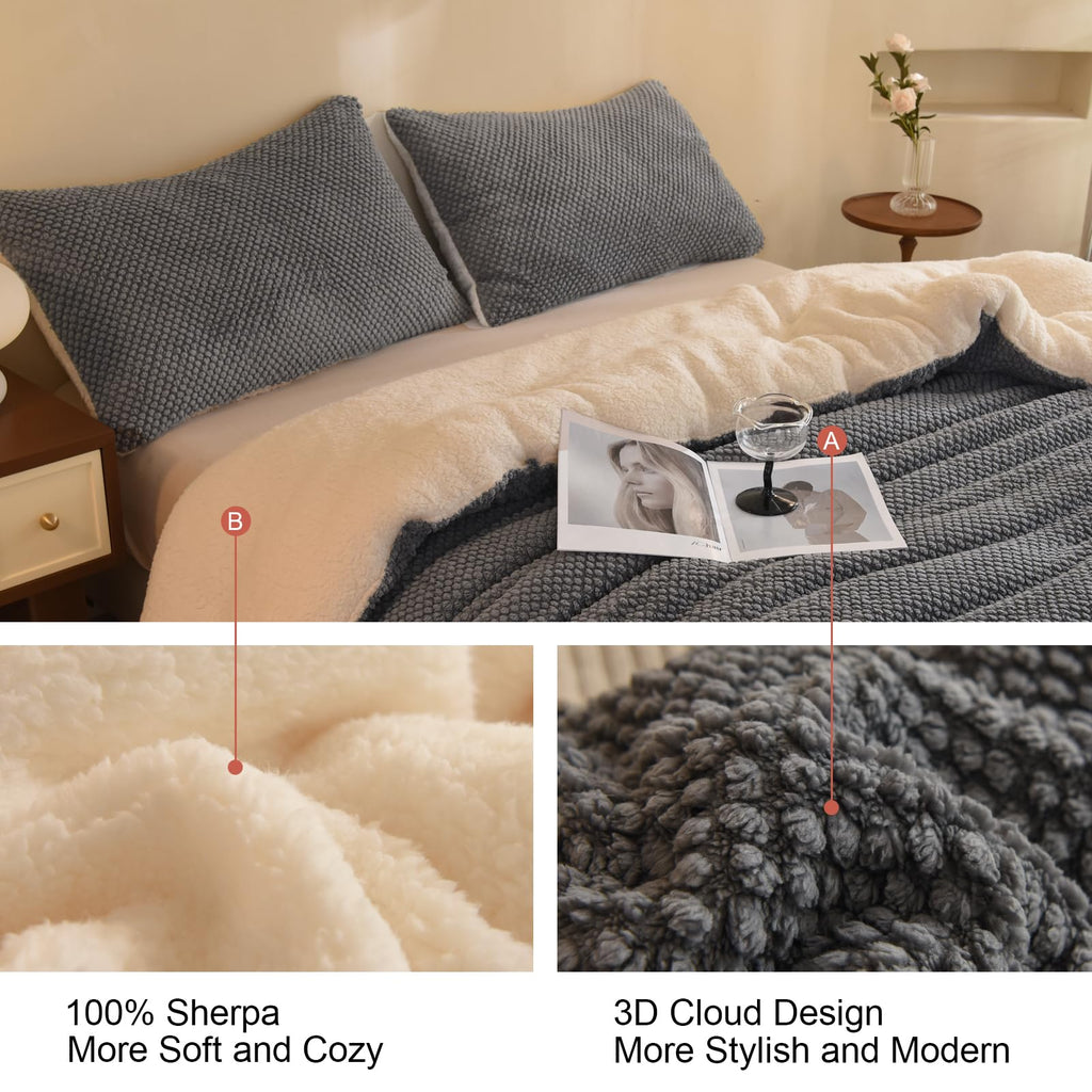 Llancl 3D Jacquard Design Comforter Set, Ultra-Soft Warm King Size Sherpa Fur Plush 3-Pieces Sets Luxury Cozy Bedding With 2 Pil