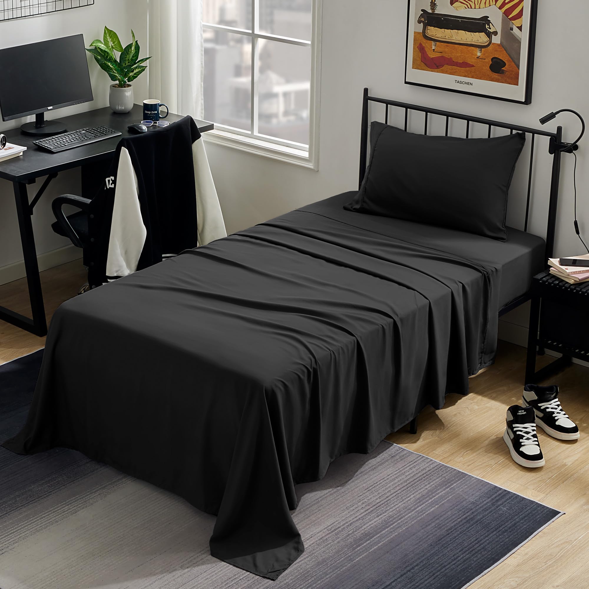 Sleep Zone Nanotex Super Soft Cooling Twin Bed Sheets Set For Kids 3 Piece - Easy Care Fitted Flat Sheet & Pillowcase Sets - Wrinkle Free, Fade Resistant, Deep Pocket 16' (Black, Twin)