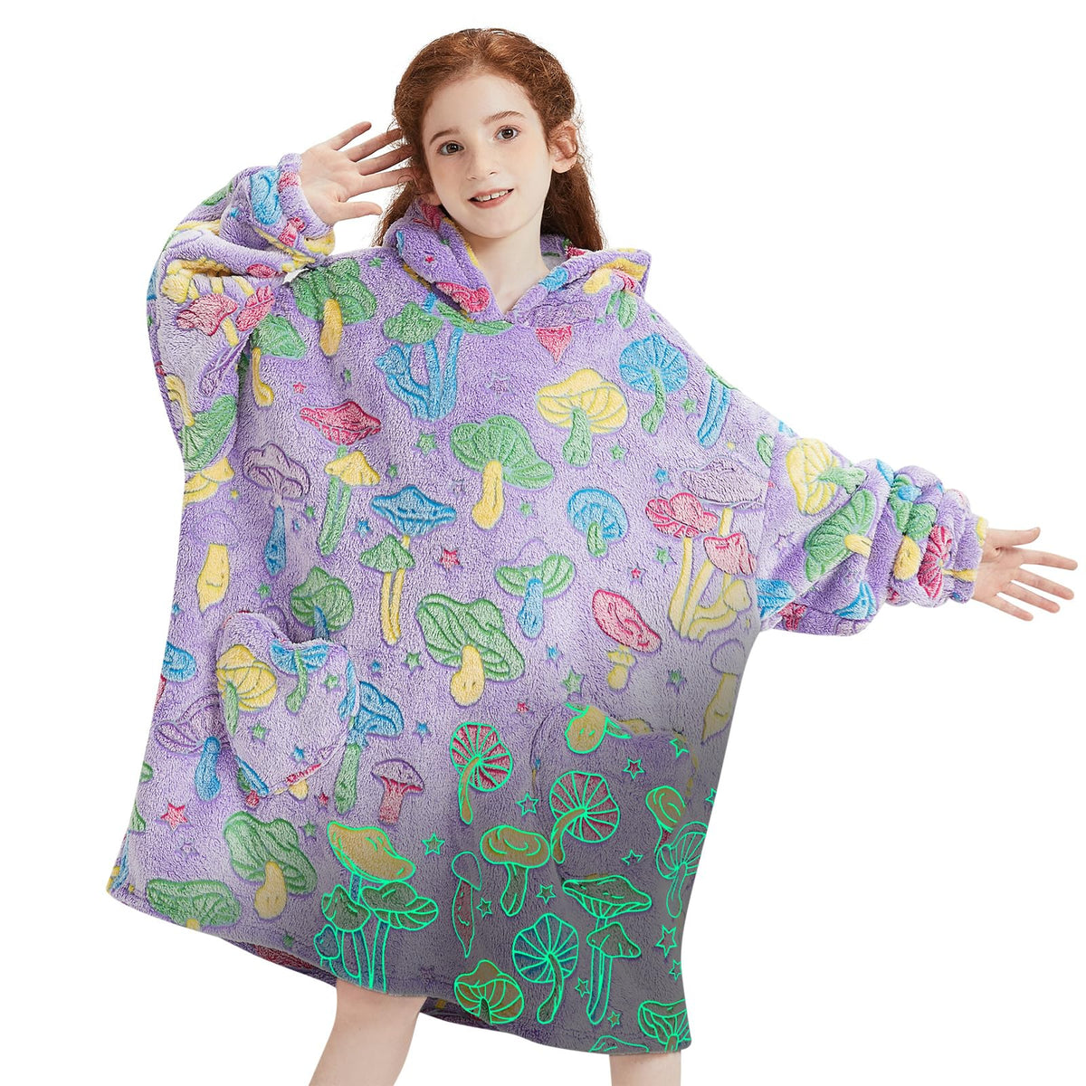 Wearable Blanket Hoodie For Kids Oversized Sherpa Blanket Hoodie For Kids Boys Girls Teens 6-13Yr,Glow In The Dark Mushroom