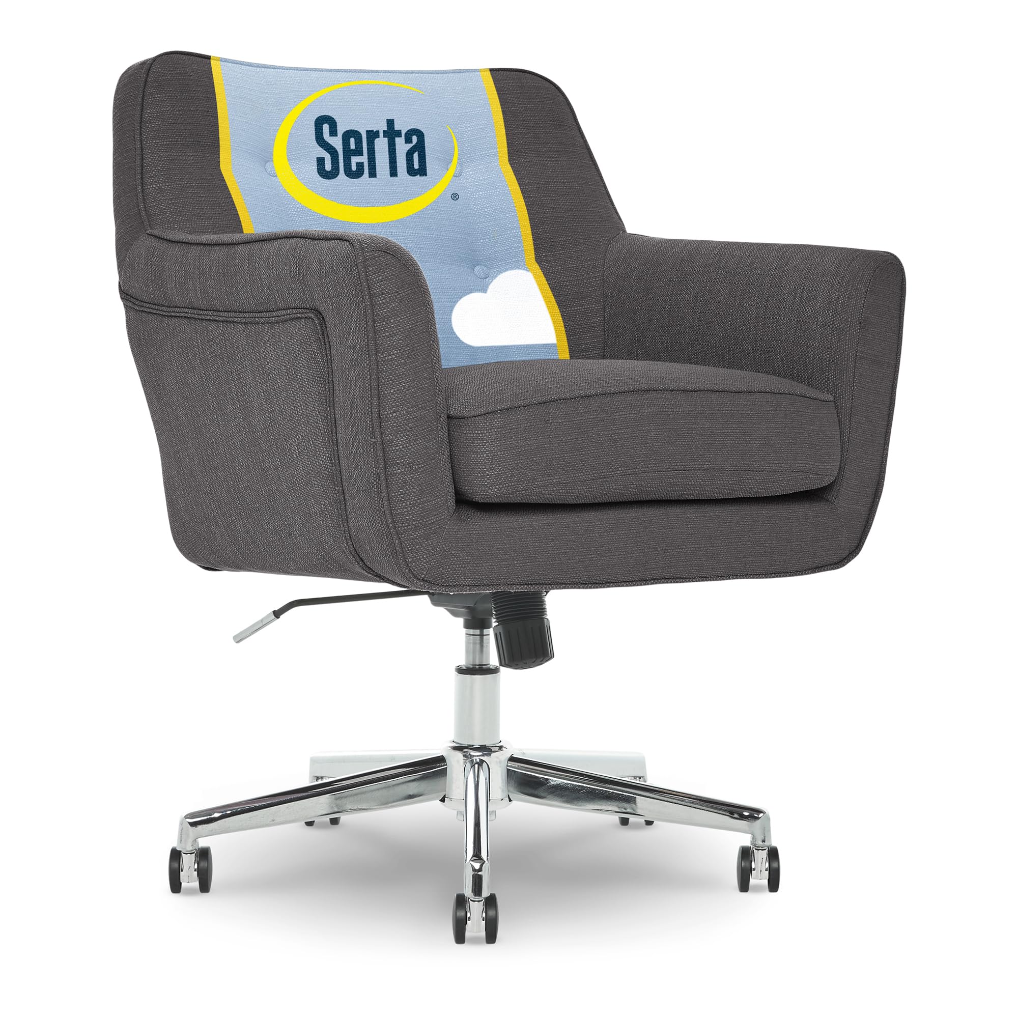 Serta Ashland Home Office Desk Chair With Button Tufted Mid-Back, Memory Foam Cushion And Padded Arms, Mid Century Modern Vanity Armchair With Wheels For Bedroom, Chrome Metal Base, Dark Gray
