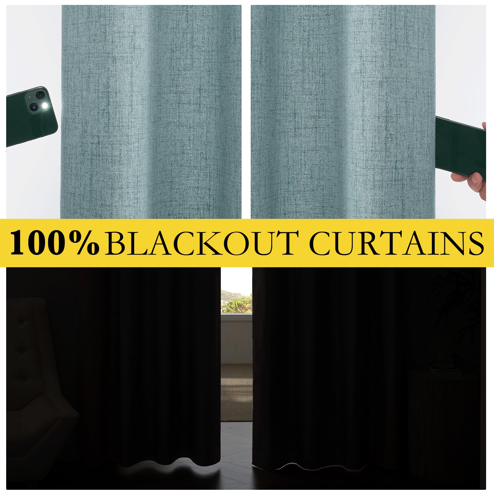 Nicetown 100% Absolutely Blackout Linen Curtains With Thermal Insulated White Liner, Skylark Blue, 52 Inches Wide, 84 Inches Length Energy Saving Curtains For Living Room 2 Panels Set, Vertical Blinds