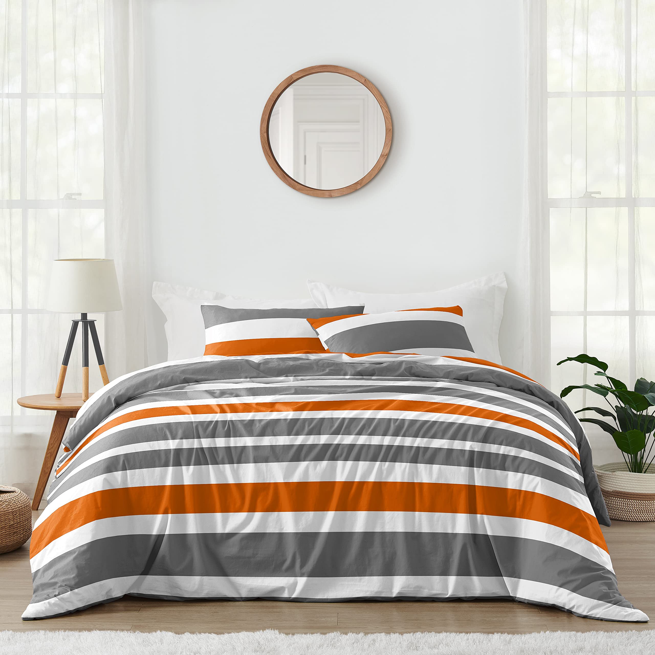 Gray, Orange and White Childrens, Teen 3 Piece Full/Queen Boys Stripe Bedding Set Collection