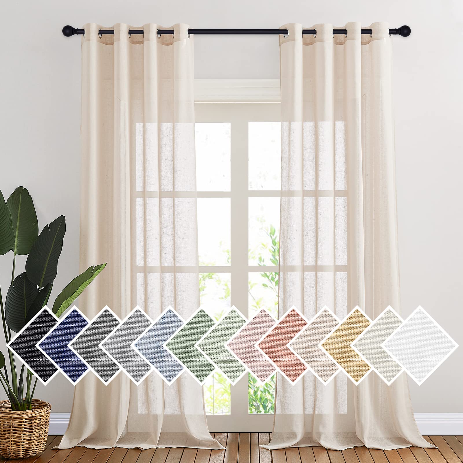 Nicetown Flax Linen Sheer Curtains 108' Length For Windows, Ring Top Privacy Semitransparent Sheer Light Filter Curtain Panels