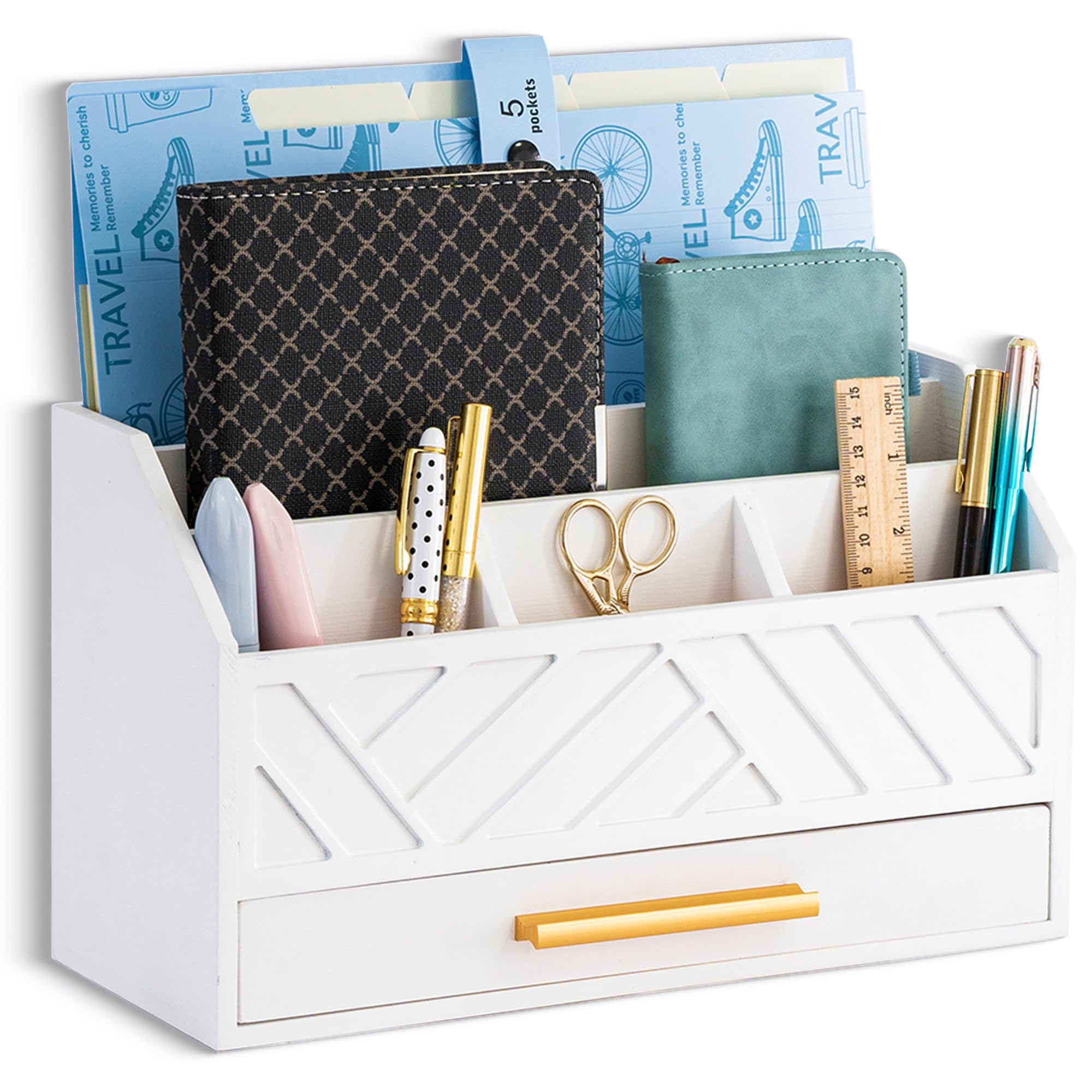 Dreampossible White Wood Desk Organizer And Accessories With Drawer, Bill Mail Organizer And File Mail Holder For Office Supplie