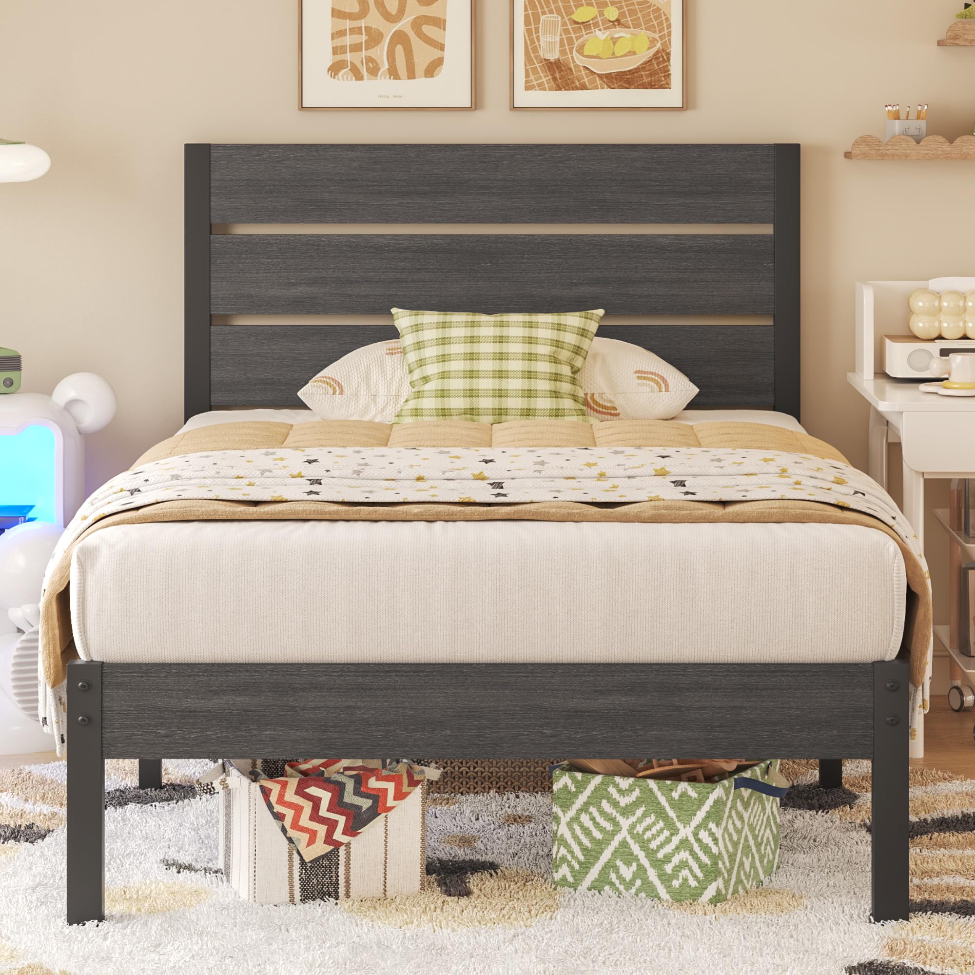 Fluest Twin Bed Frame with Headboard and Footboard, Metal Twin Bed Frame with Under Bed Storage, All-Metal Support System, No Bo