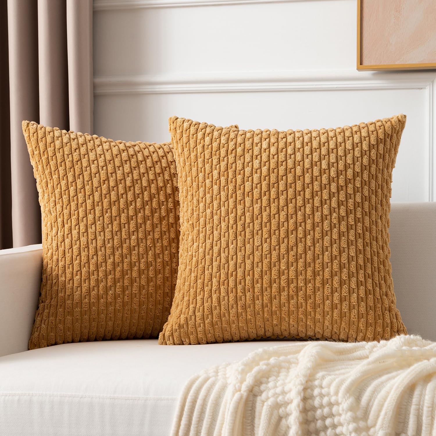 Kevin Textile Throw Pillow Covers Soft Corduroy Decorative Set Of 2 Boho Striped Pillow Covers Pillowcases Farmhouse Home Decor For Couch Bed Sofa Living Room 26X26 Inch Gold