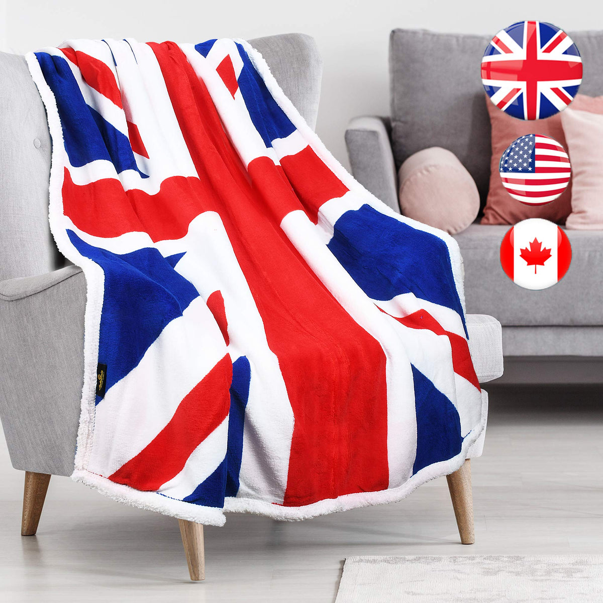 Uk Flag Sherpa Throw Blanket, Super Cozy Fleece Plush Throw Tv Blankets Reversible For Bed Or Couch 50' X 60' | United Kingdom