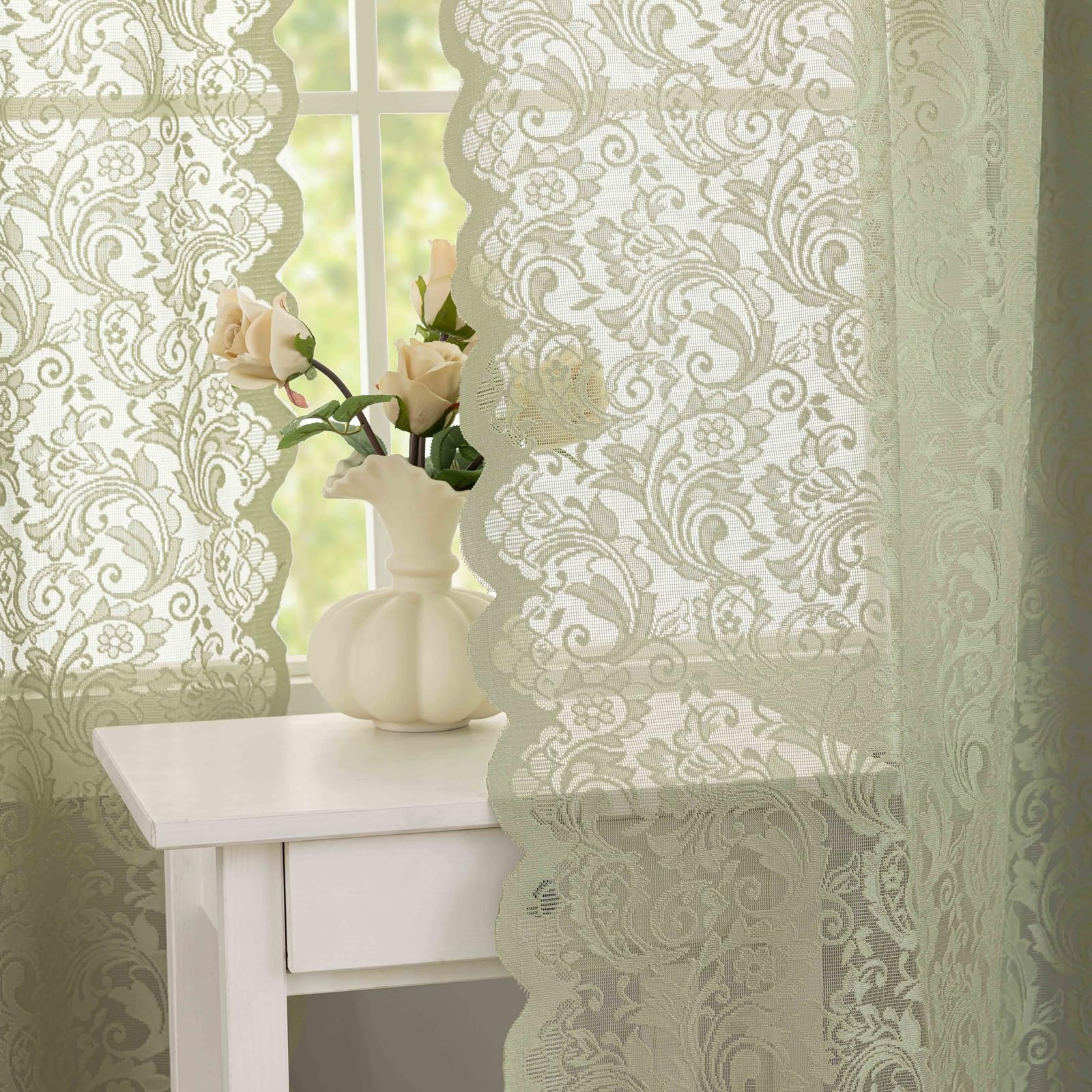 Aligogo Sage Green Curtains 84 Inches Length 2 Panels - Embroidered Rustic Floral Sheer Lace Curtains For Living Room Bedroom Ro