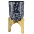 The Urban Port Alex 8-Inch Artisanal Industrial Round Hammered Metal Planter Pot with Wood Arch Stand, Midnight Blue