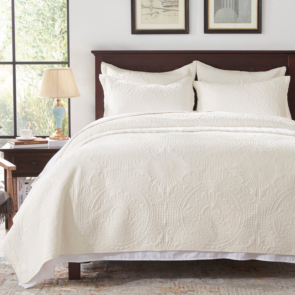 Anluoer Quilt King Size Bedding Set-Cream Embossed, Bedspreads-Lightweight Summer Soft Microfiber Bedspread, Bed Coverlet for Al