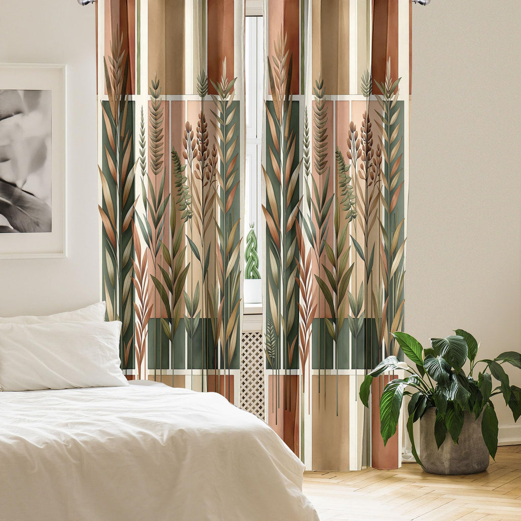 Ambesonne Botanical Window Curtains Pack Of 2, Watercolor Fall Branches And Geometric Mid Century Modern Autumnal Art, Lightweig
