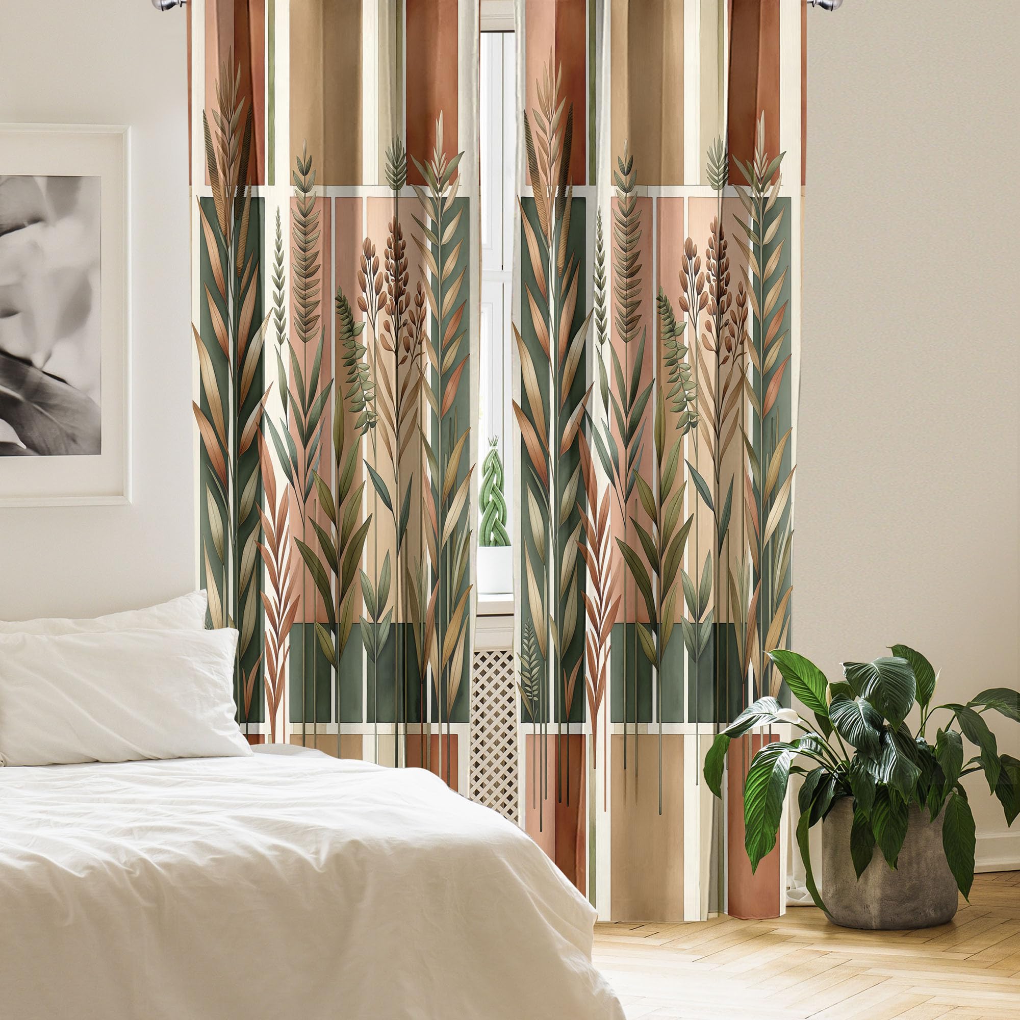Ambesonne Botanical Window Curtains Pack Of 2, Watercolor Fall Branches And Geometric Mid Century Modern Autumnal Art, Lightweig