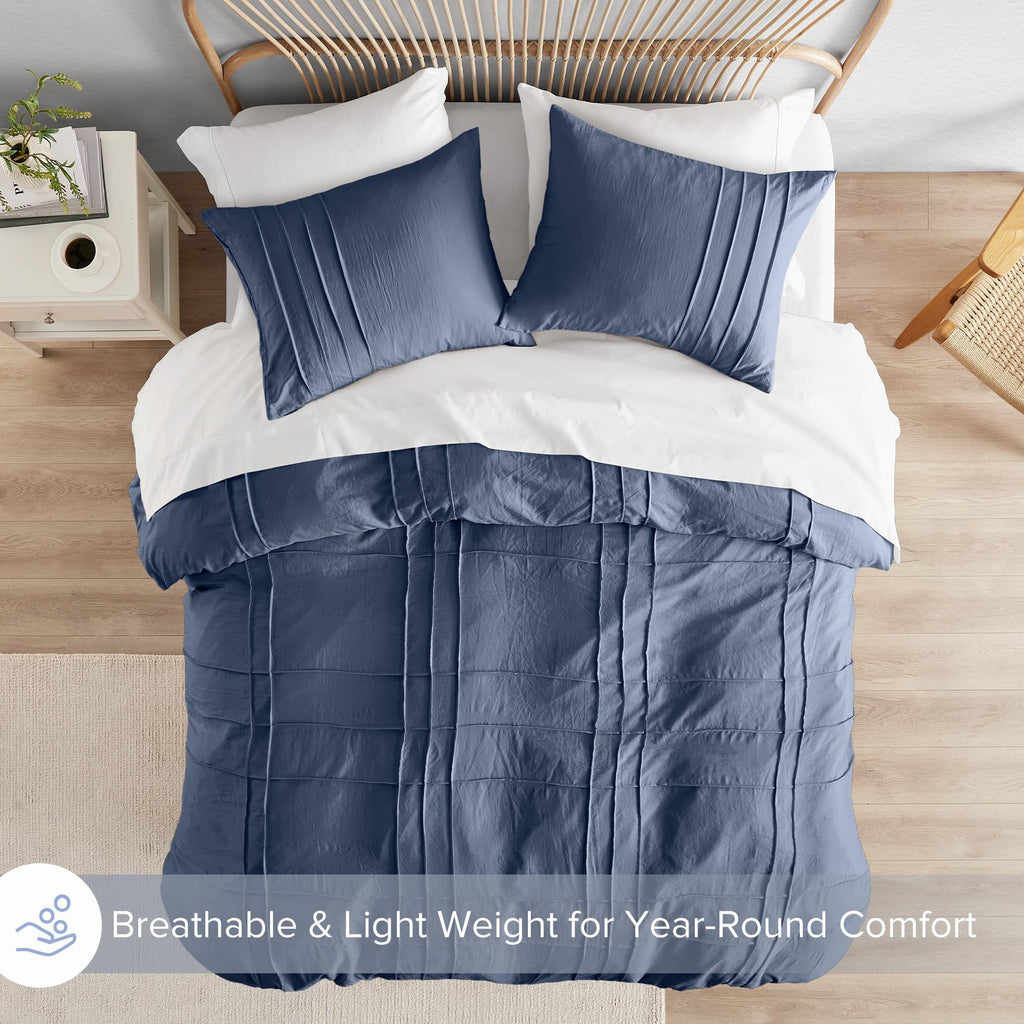 Comfort Spaces Navy Queen Size Duvet Cover Set - 3-Pc Pintuck Pleated Duvet Cover Queen, All Season Lightweight, Extra Softness Pre-Washed Microfiber Queen Bed Cover Shams, Queen
