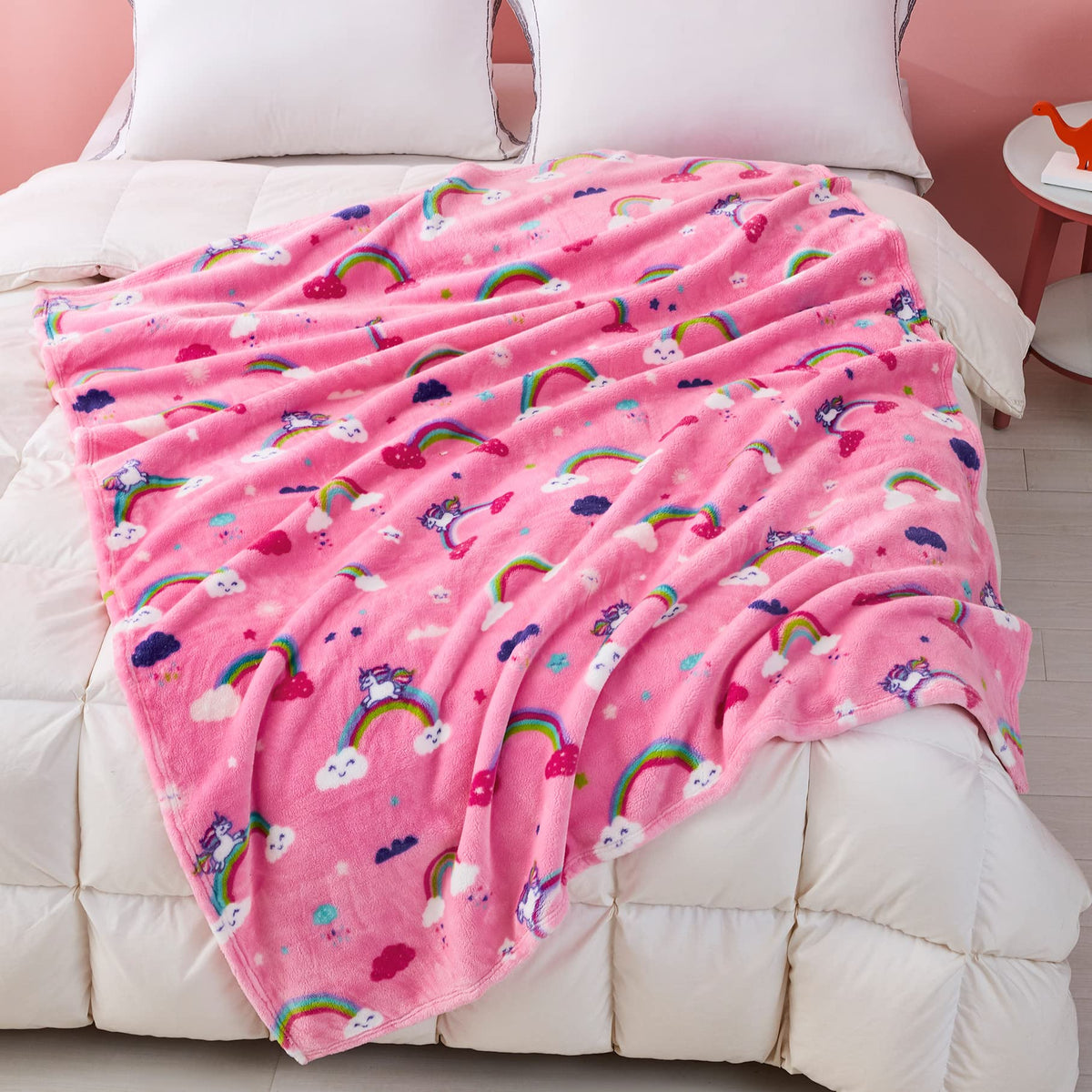 Mermaker Rainbow Blanket For Girls, 380 Gsm Pink Rainbow Throw Blanket For Kids, Cute Rainbow Kids Throw Blanket, Warm Rainbow T