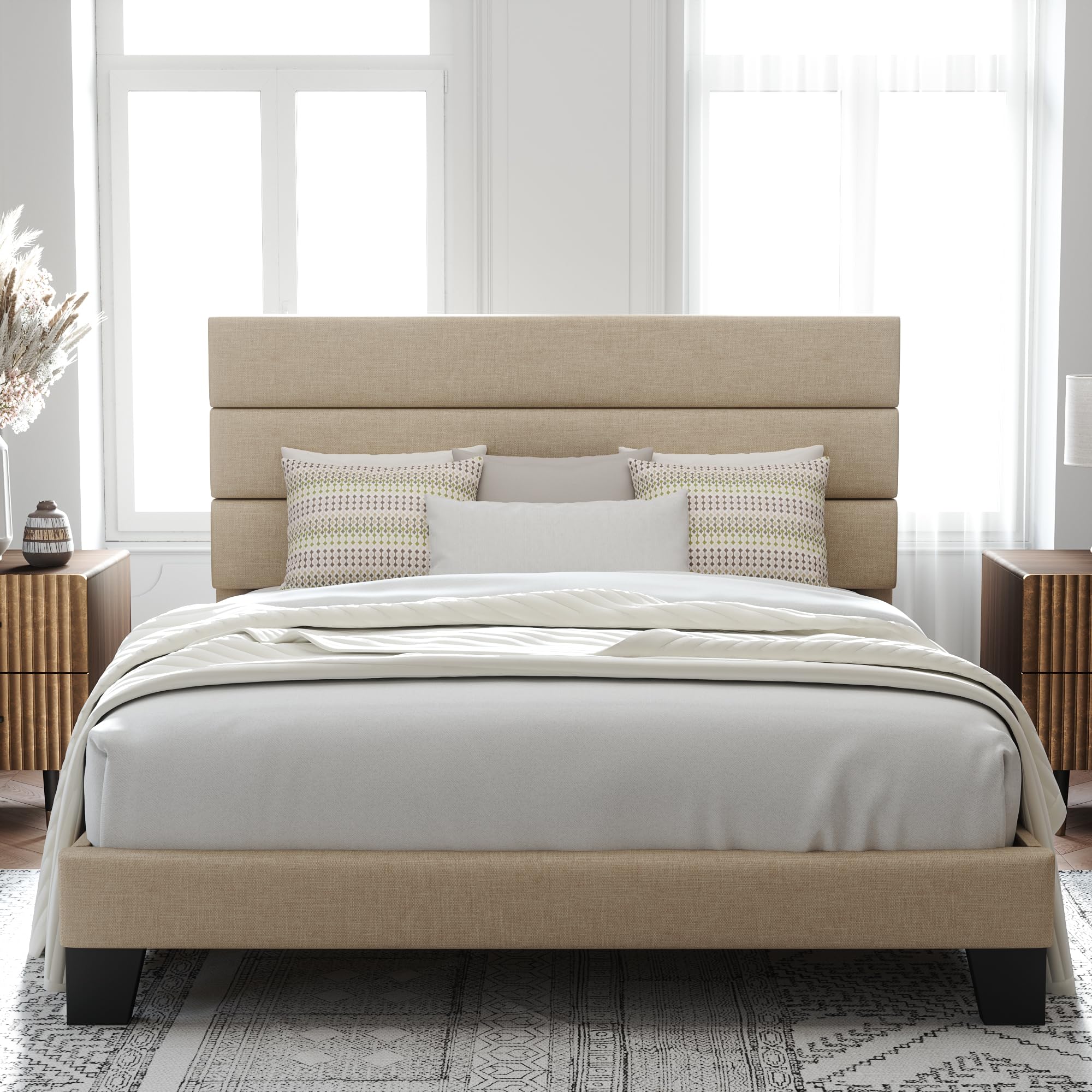 Allewie Full Size Platform Bed Frame With Fabric Upholstered Headboard And Wooden Slats Support, Fully Upholstered Mattress Foundation/No Box Spring Needed/Easy Assembly, Beige