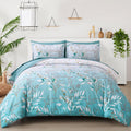 WONGS BEDDING Aqua Comforter Set Full Size, 7 Pieces Aqua Botanical Bed in a Bag Comforter Complete Golden Leaves Gradient Beddi