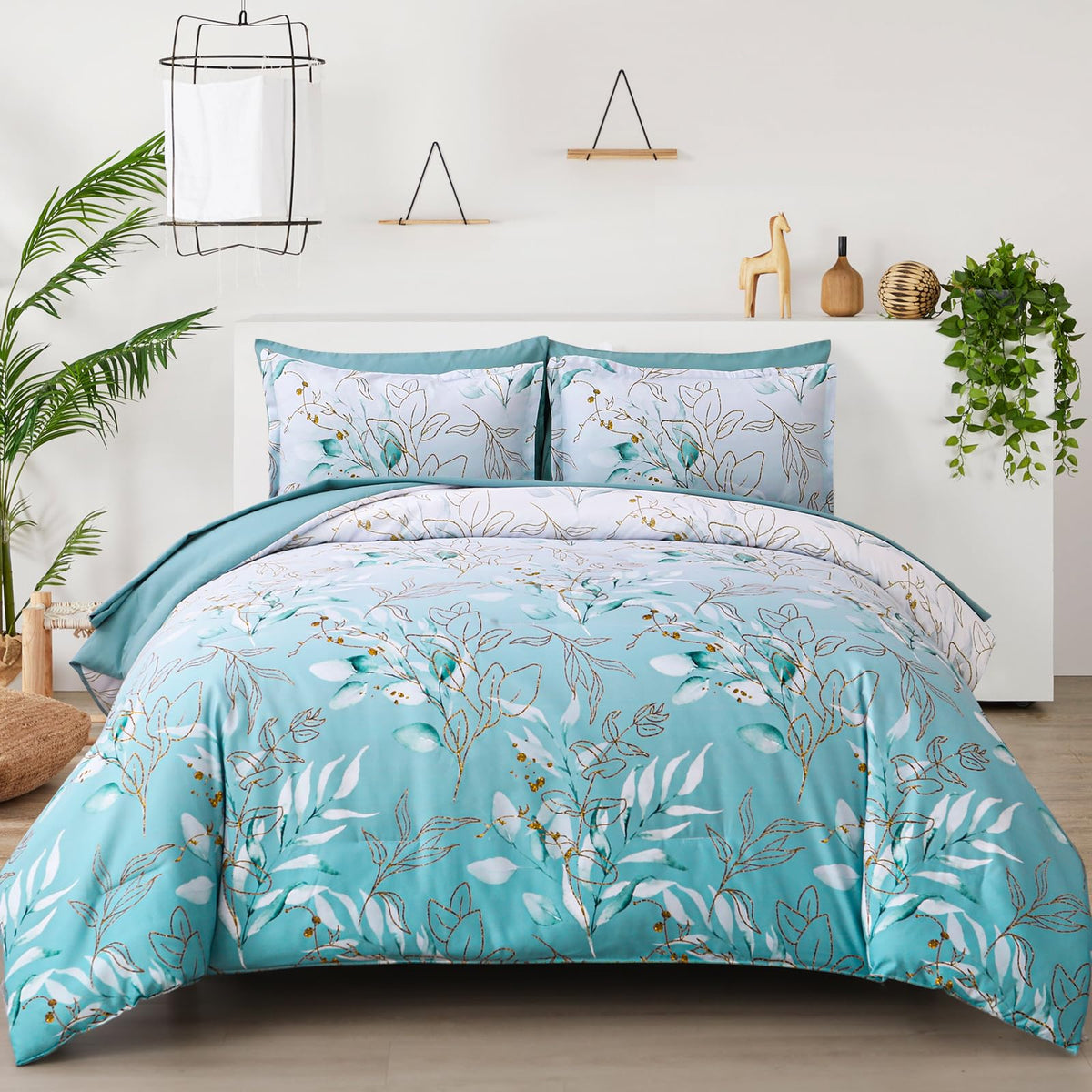 WONGS BEDDING Aqua Comforter Set King Size, 7 Pieces Aqua Botanical Bed in a Bag Comforter Complete Golden Leaves Gradient Beddi