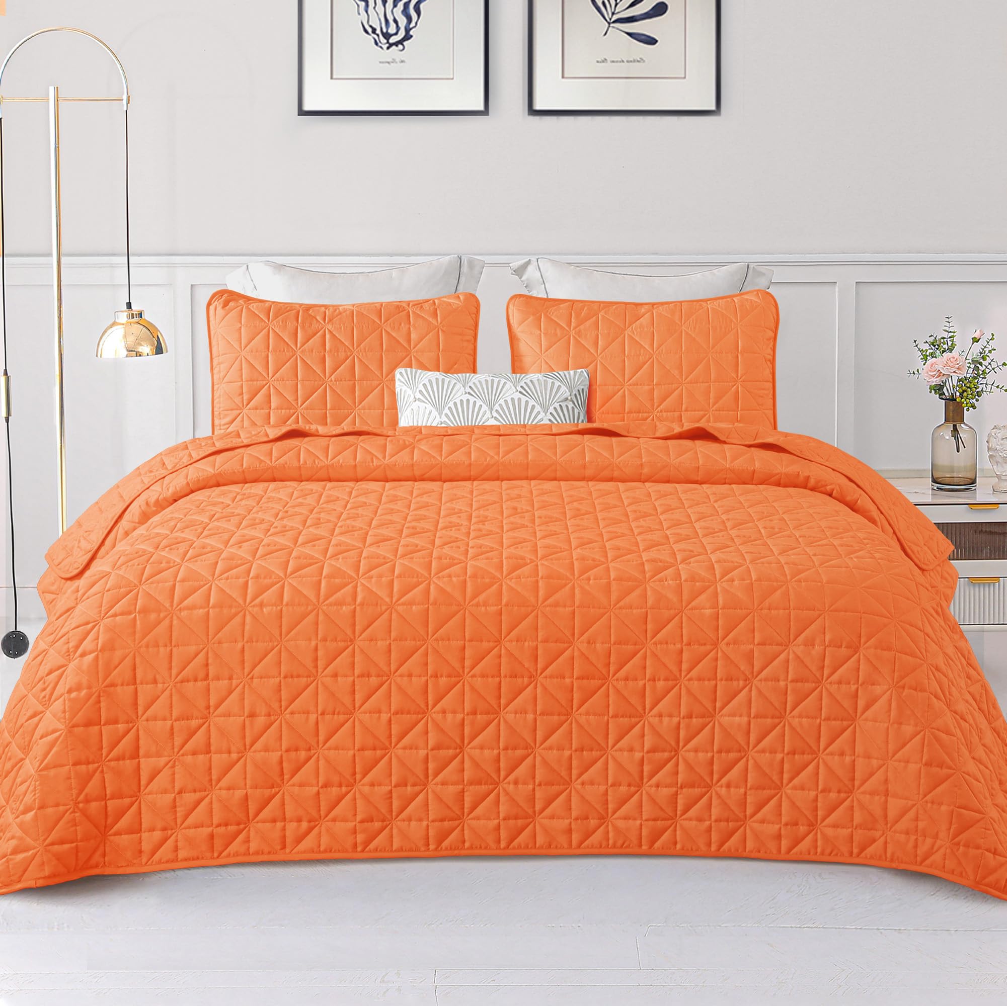 Exclusivo Mezcla Quilts King Size Bedding Set With Stitched Grid Pattern, Lightweight Summer Orange Bedspreads Coverlets Bed Cov
