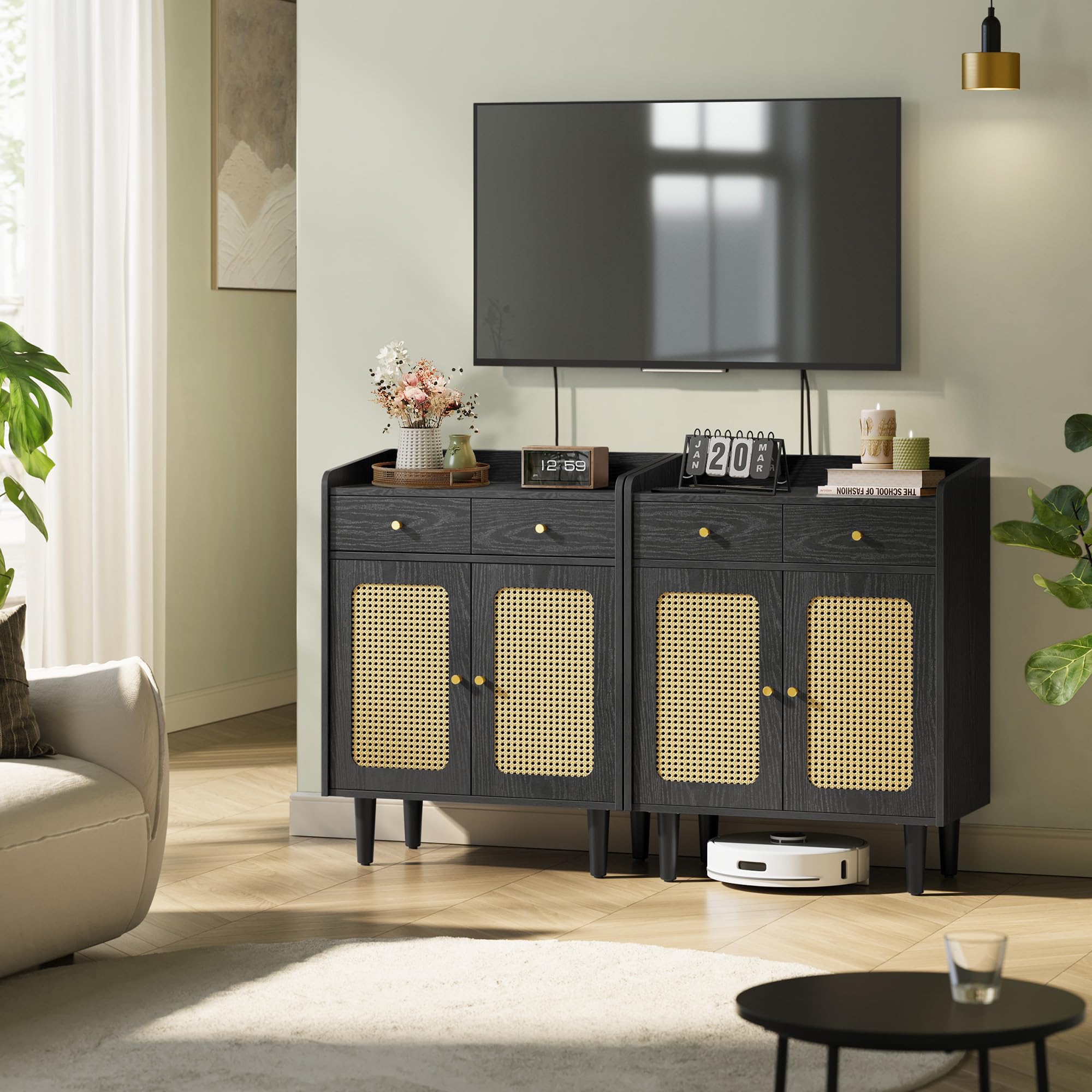 VASAGLE BOHOVEN Collection - Buffet Cabinets, Set of 2, Sideboard Storage Cabinets with Rattan-Like Doors and Drawers, Accent Ca