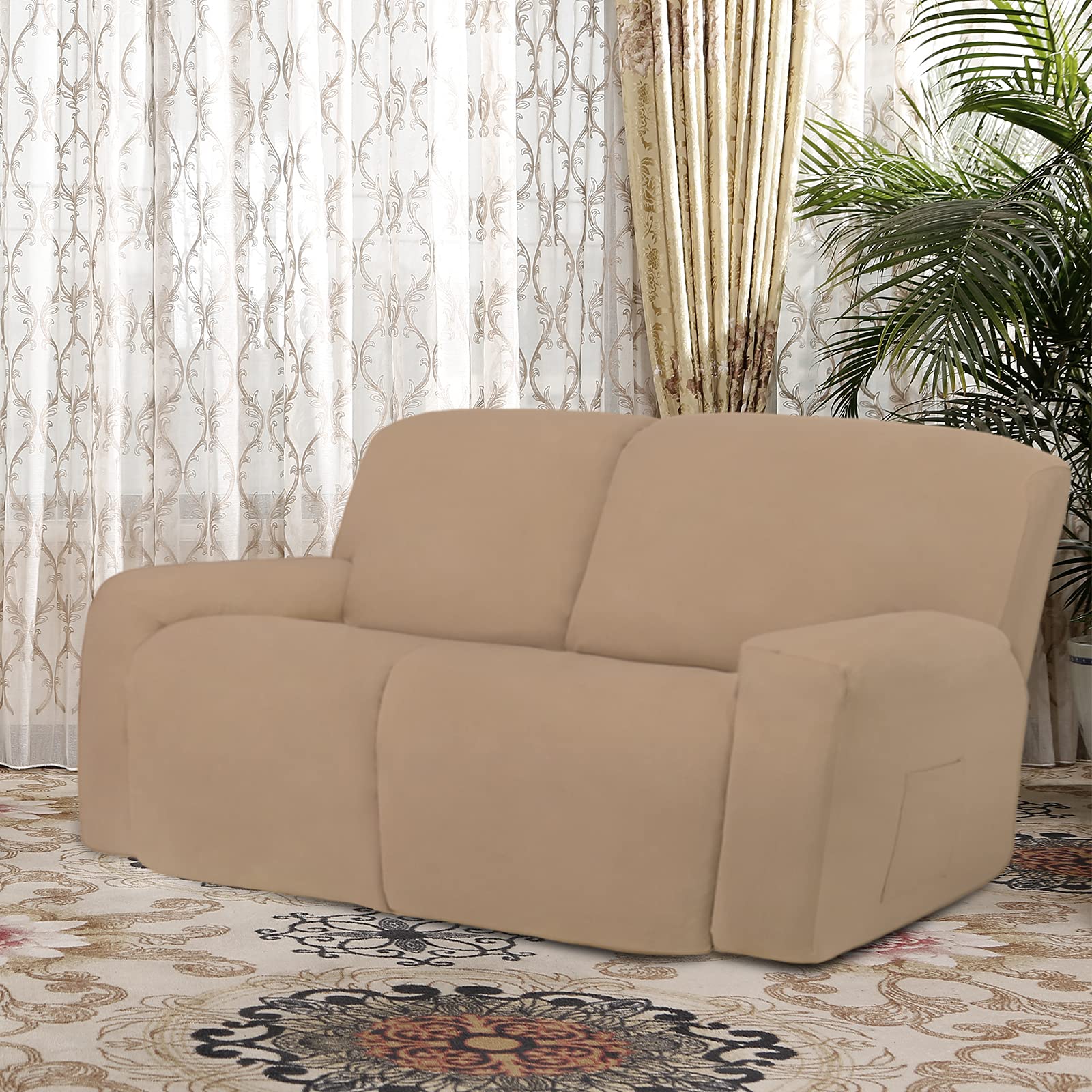 Easy-Going Oversized 6 Pieces Microfiber Stretch Sectional Recliner Loveseat Sofa Slipcover Soft Fitted Fleece 2 Seats Couch Cover Washable Furniture Protector With Elasticity For Kids Pet Camel