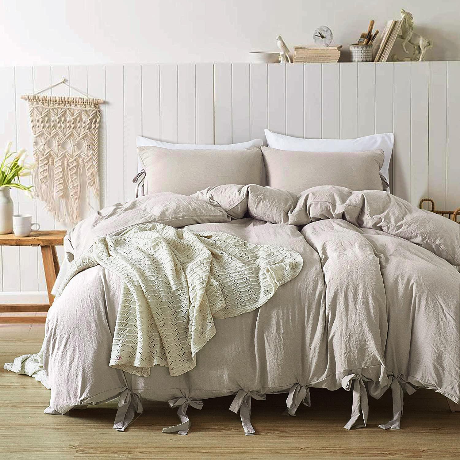 Annadaif Khaki Duvet Cover Full Size, 3 Pieces Soft Washed Microfiber Duvet Cover Set, Comforter Cover With Bowknot Bow Tie (1 D