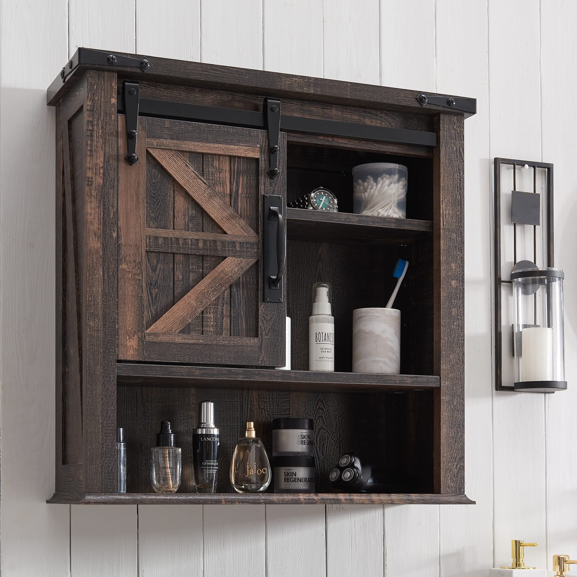 Okd Bathroom Wall Cabinet, Farmhouse Medicine Cabinet With Sliding Barn Door & Adjustable Shelves, Storage Cabinet Wall Mounted For Bathroom, Kitchen, Dark Rustic Oak