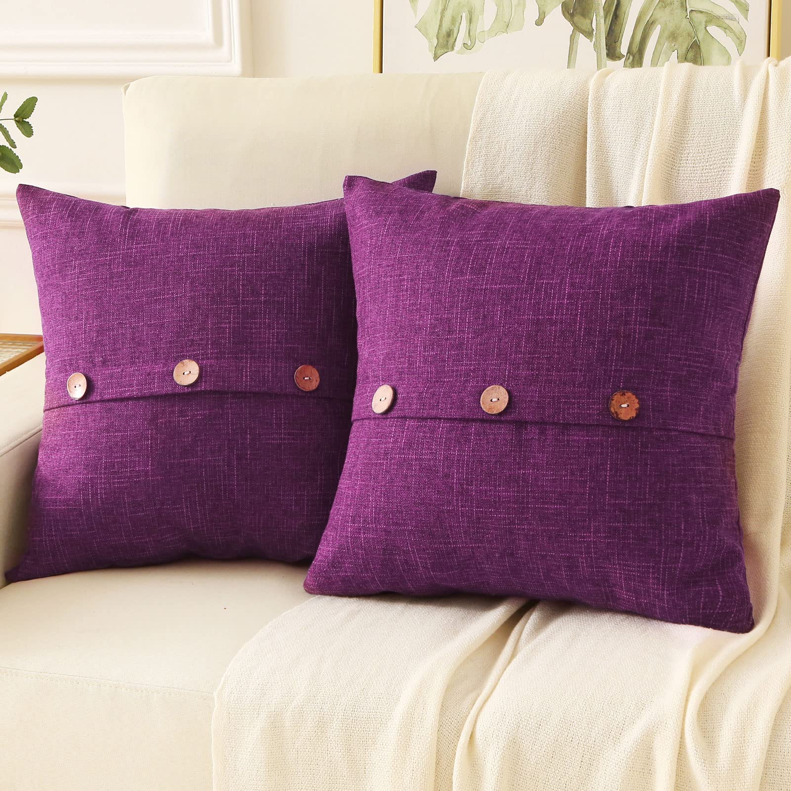 Haussy Purple Linen Decorative Throw Pillow Covers 20X20 Inch Set Of 2,Square Cushion Case With 3 Vintage Buttons,Modern Farmhou