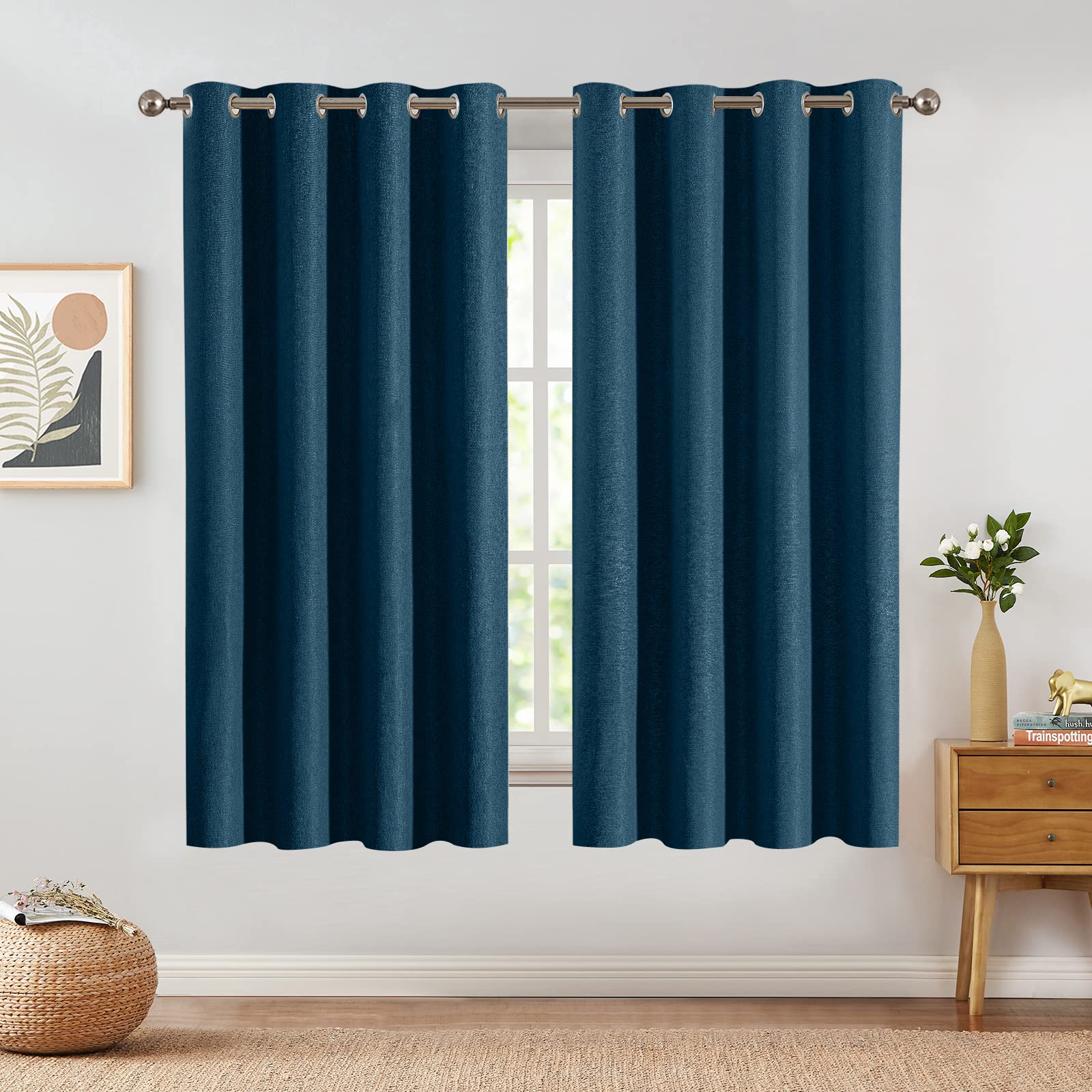 Jinchan Linen Textured Curtains Living Room Thermal Curtains Room Darkening Thermal Insulated Curtains 72 Inch Long Blue Curtains For Bedroom Drape Grommet Top 1 Panel