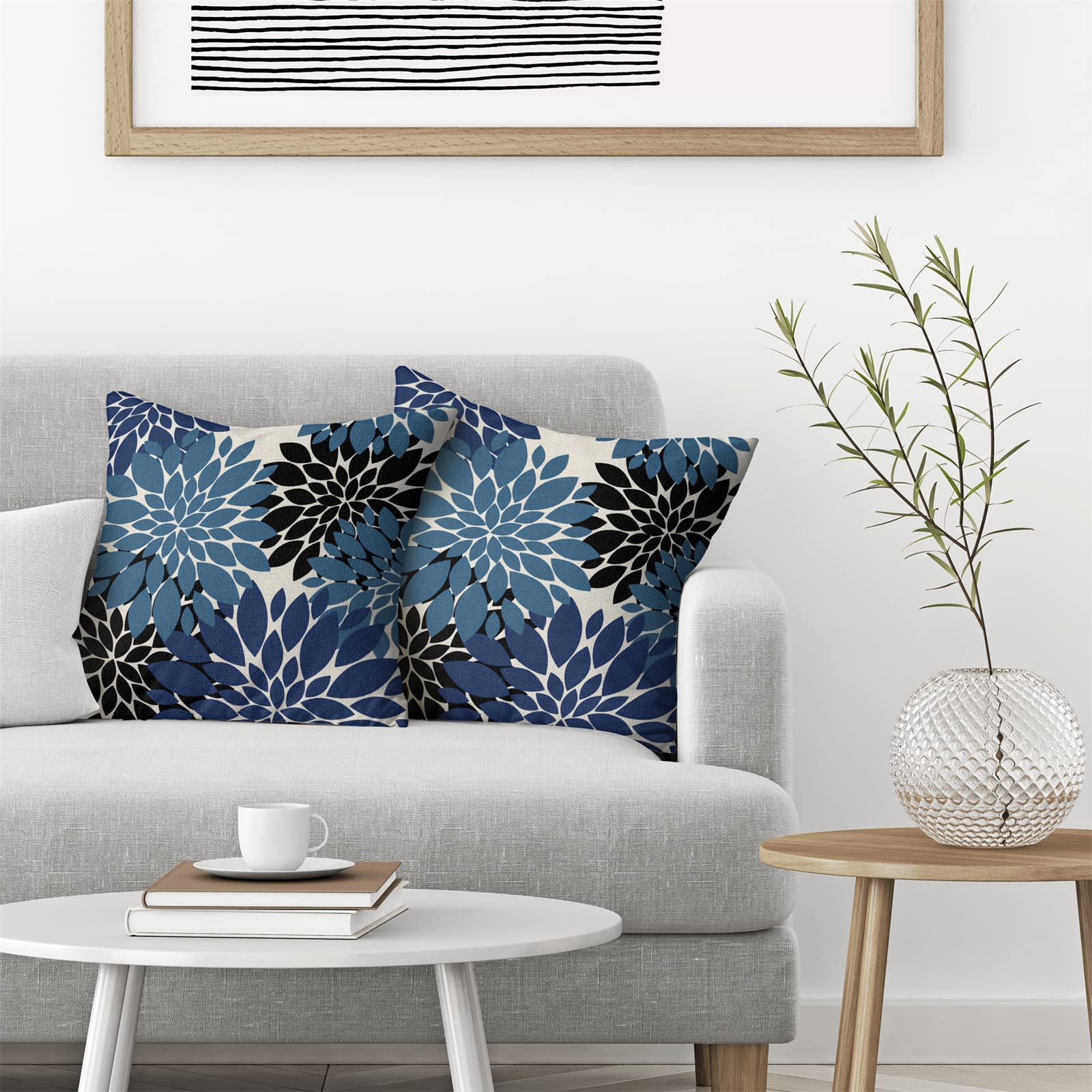 Navy Blue Black Pillow Covers 20X20 Inch Set Of 2 Dahlia Floral Decor Throw Pillows Summer Modern Geometry Flower Outdoor Decora