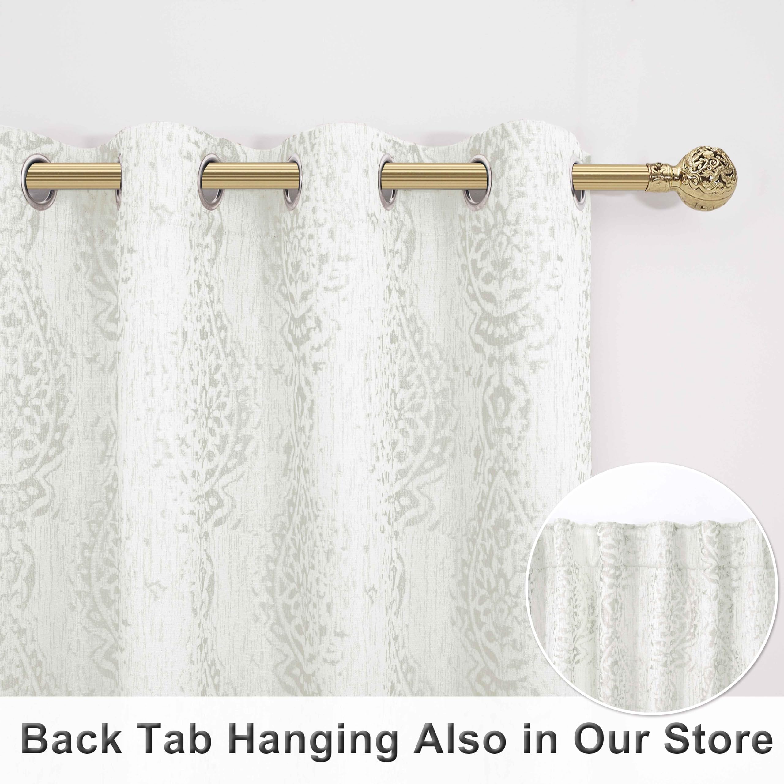Mrs.Naturall Off White Damask Moroccan Pattern 3D Jacquard Embossed Embroidered Curtains 63 Inches Long For Bedroom Living Room 2 Panels Set Cream