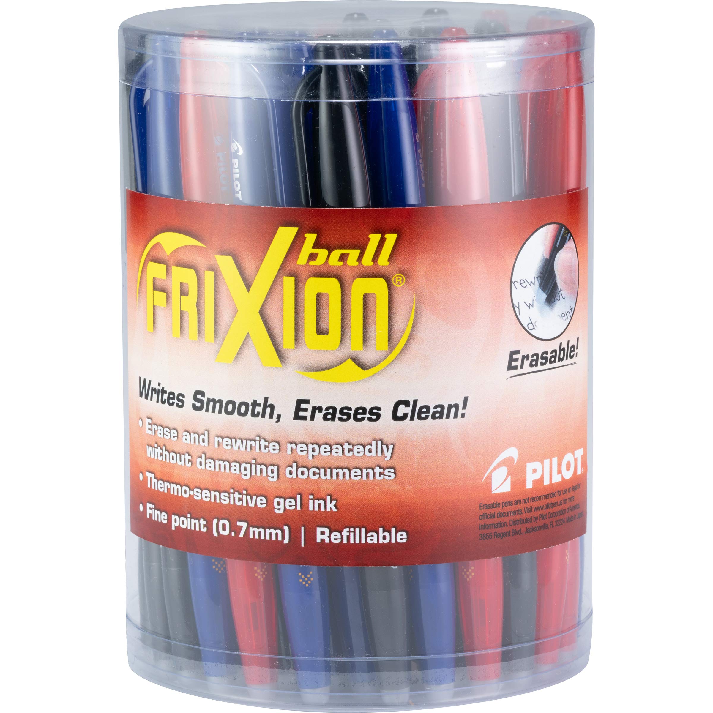 Pilot, Frixion Ball Erasable & Refillable Gel Ink Pens, Fine Point 0.7 Mm, Tub Of 36, Assorted Colors