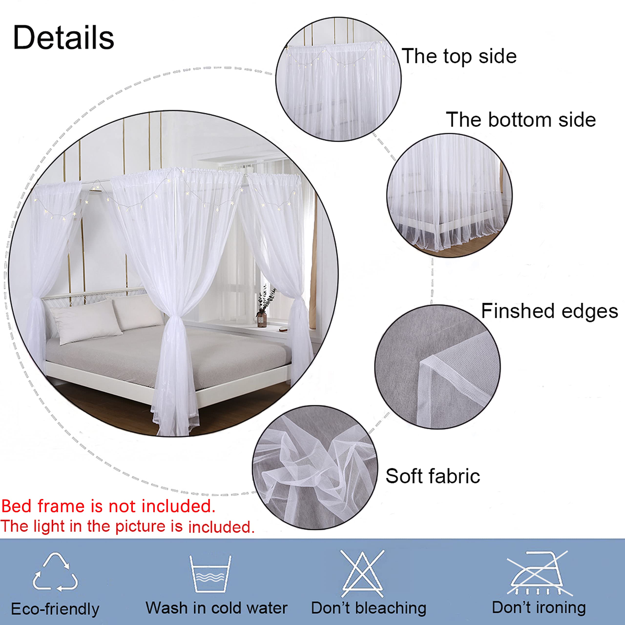 Akiky Princess Canopy Bed Curtains Set Sheer Curtain For Twin Full Queen Size Bed Drapes,8 Panels Canopies With Light,Room D  Co