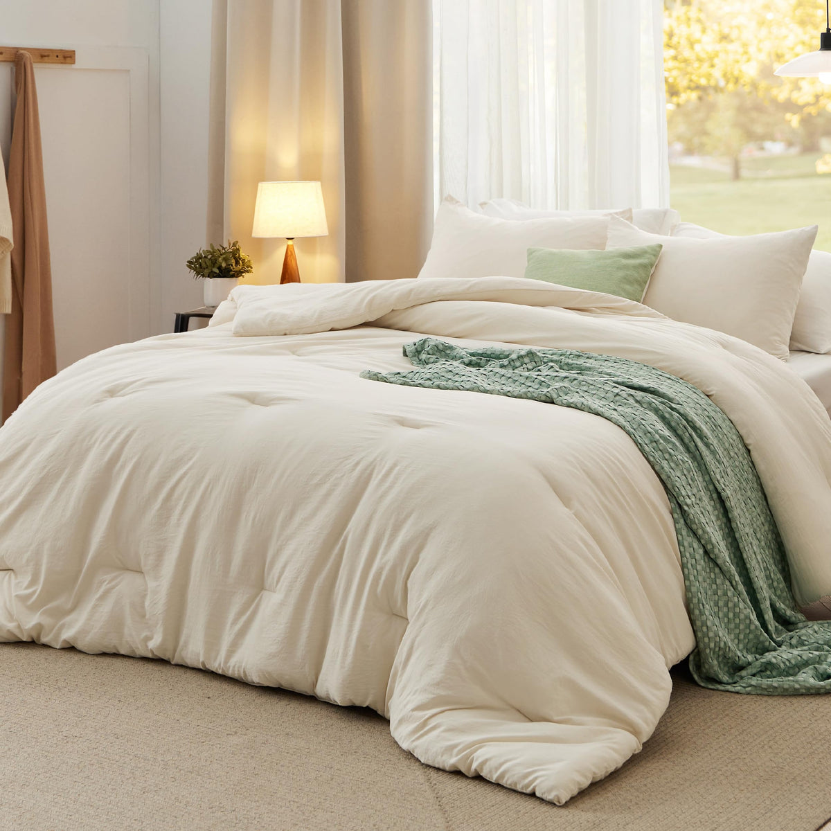 Bedsure Queen Size Comforter Set, Light Beige Soft Prewashed Bed Comforter For All Seasons, 3 Pieces Warm Bedding Sets, 1 Lightw