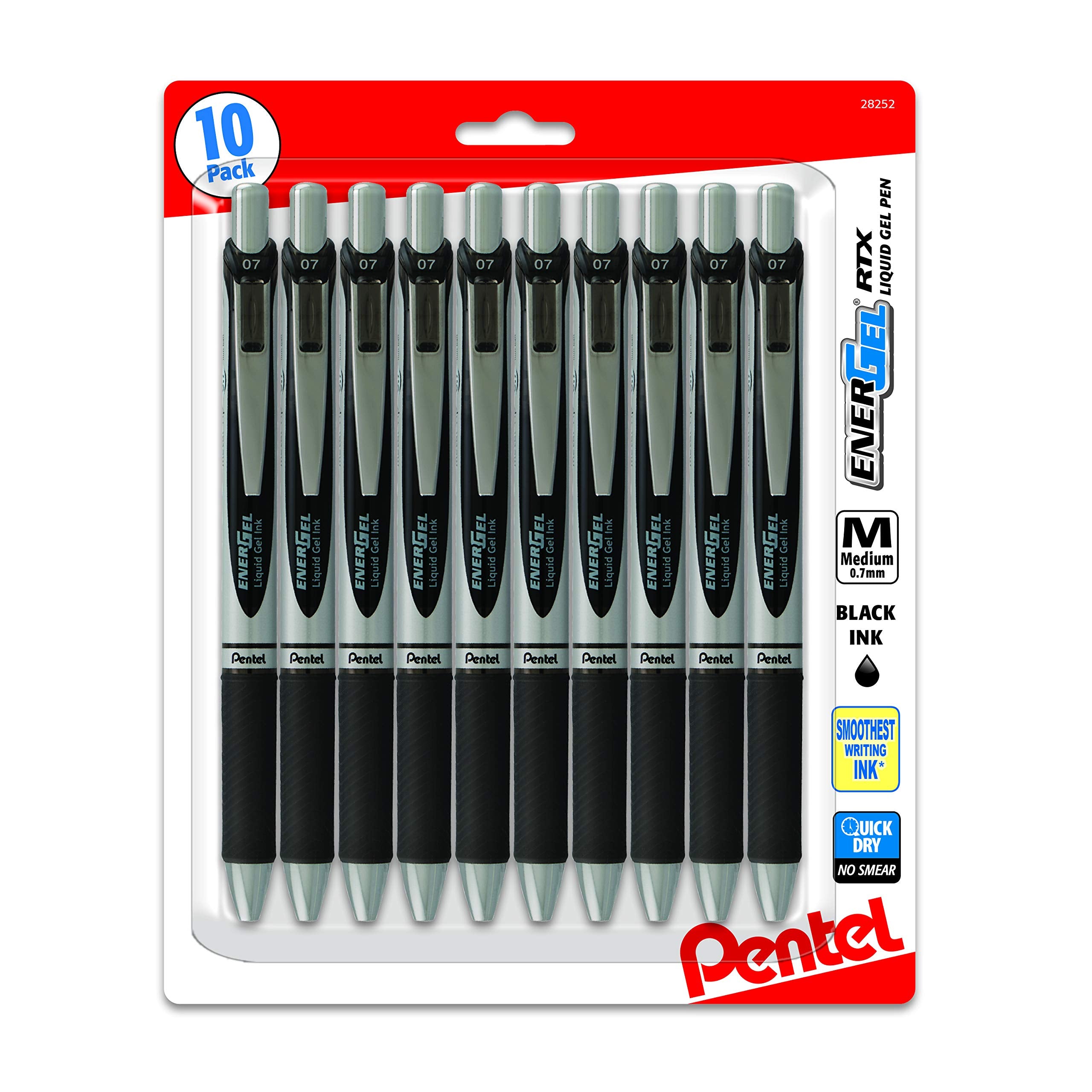 Pentel Energel 0.7 Mm Rtx Retractable Deluxe Liquid Gel Pen, Bulk Pack Of 10 Black Ink Metal , Medium Line, Metal Tip Premium Pe