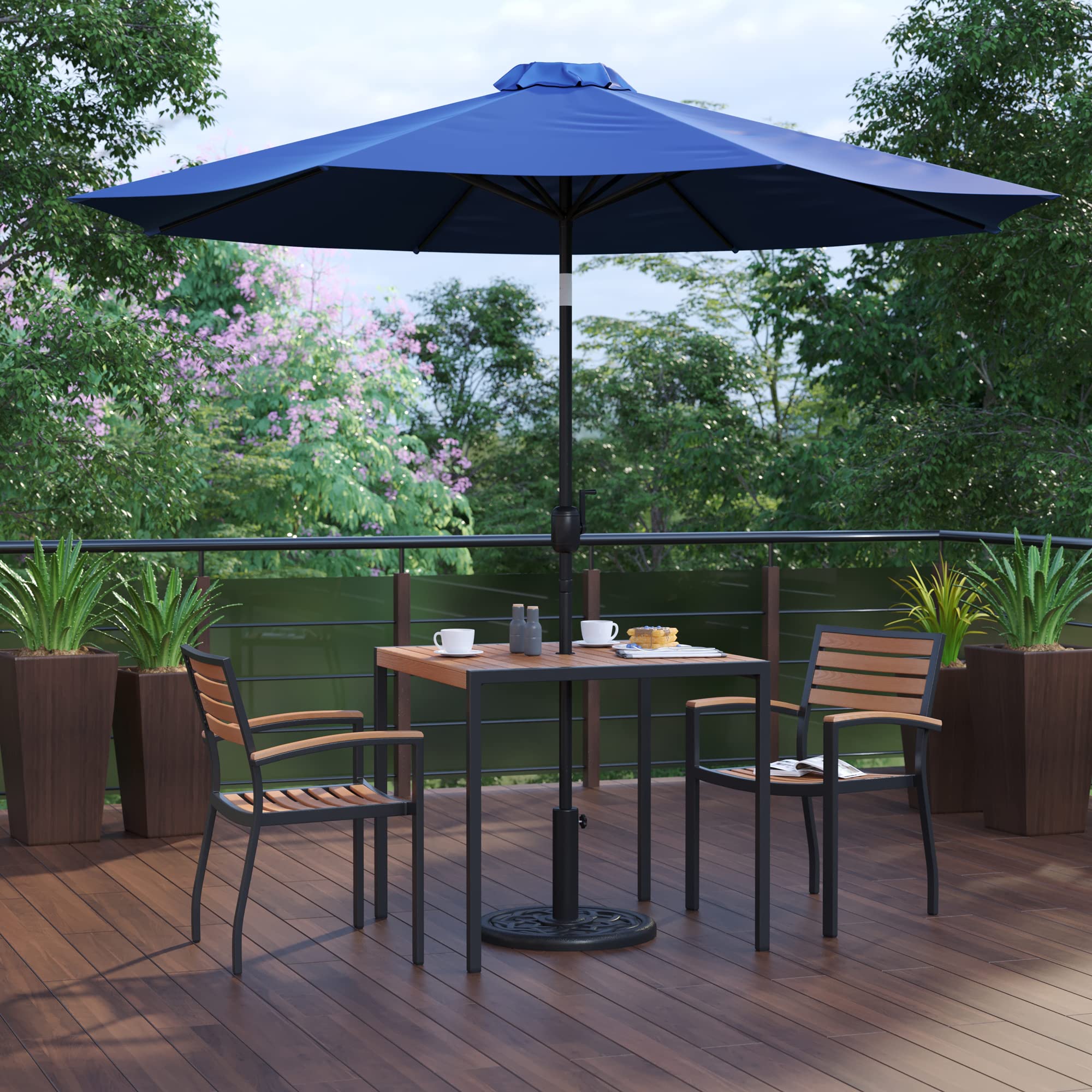 Flash Furniture 5 Piece Outdoor Patio Dining Table Set - 2 Synthetic Teak Stackable Chairs with Arms - 35&quot; Square Table - Navy Umbrella with Base