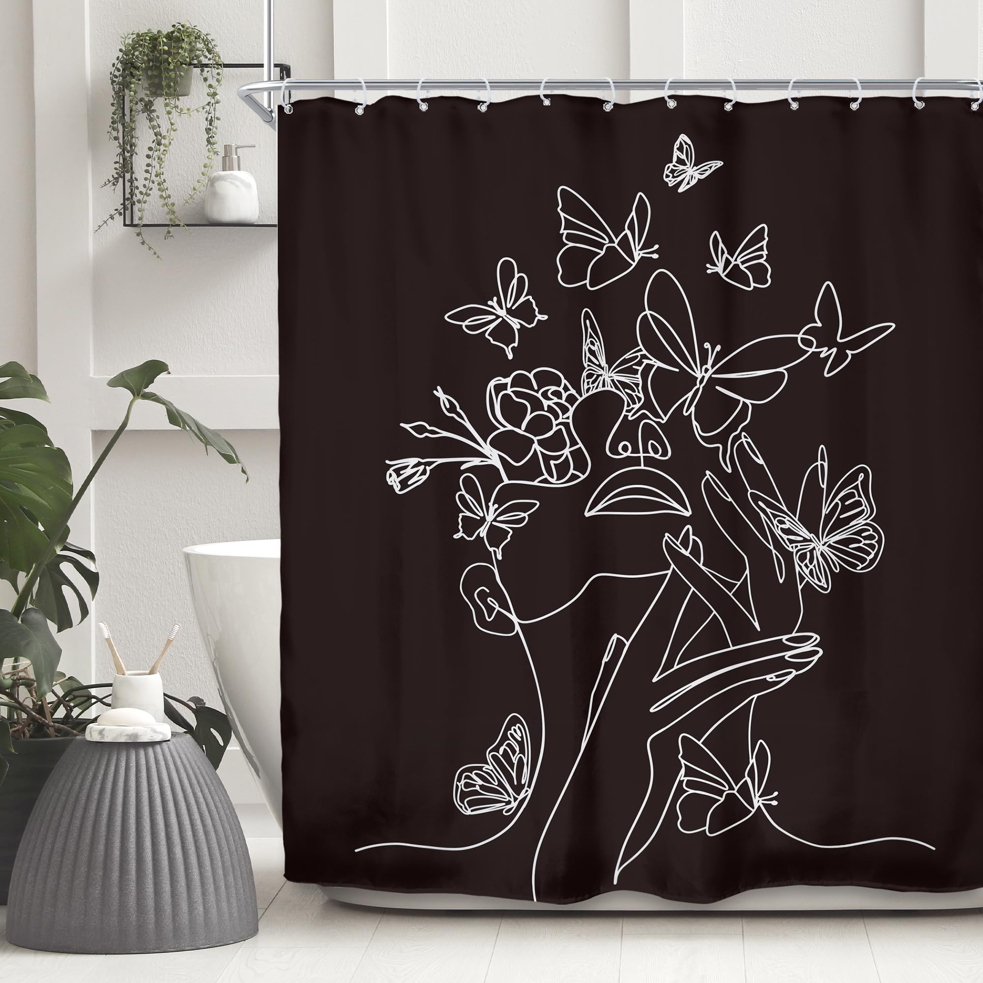 SVBright Black and White Shower Curtain Abstract Women Butterfly Flower Minimalist Art Line Ladies 60Wx72H Inch Modern Aesthetic