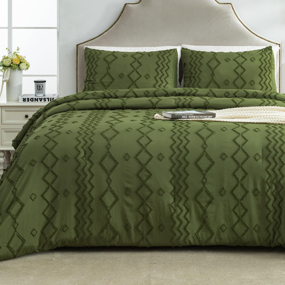 Andency Olive Green Tufted Comforter Set California King(104X96Inch), 3 Pieces(1 Boho Comforter, 2 Pillowcases) Textured Farmhou