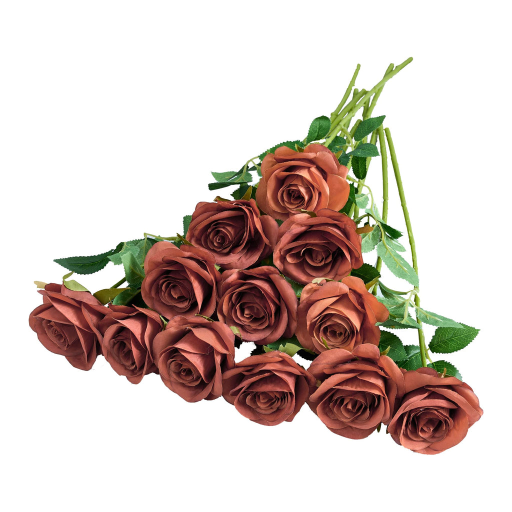 Helera 12pcs Rust Orange Rose Artificial Flowers Faux Roses Silk Roses Orange Silk Flowers with Long Stems for Wedding Baby Show