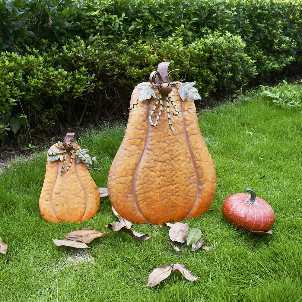 Attraction Design Metal Fall Pumpkin Decor Set Of 2, Indoor Outdoor Standing Flat Pumpkin Decoration For Autumn Harvest Thanksgi