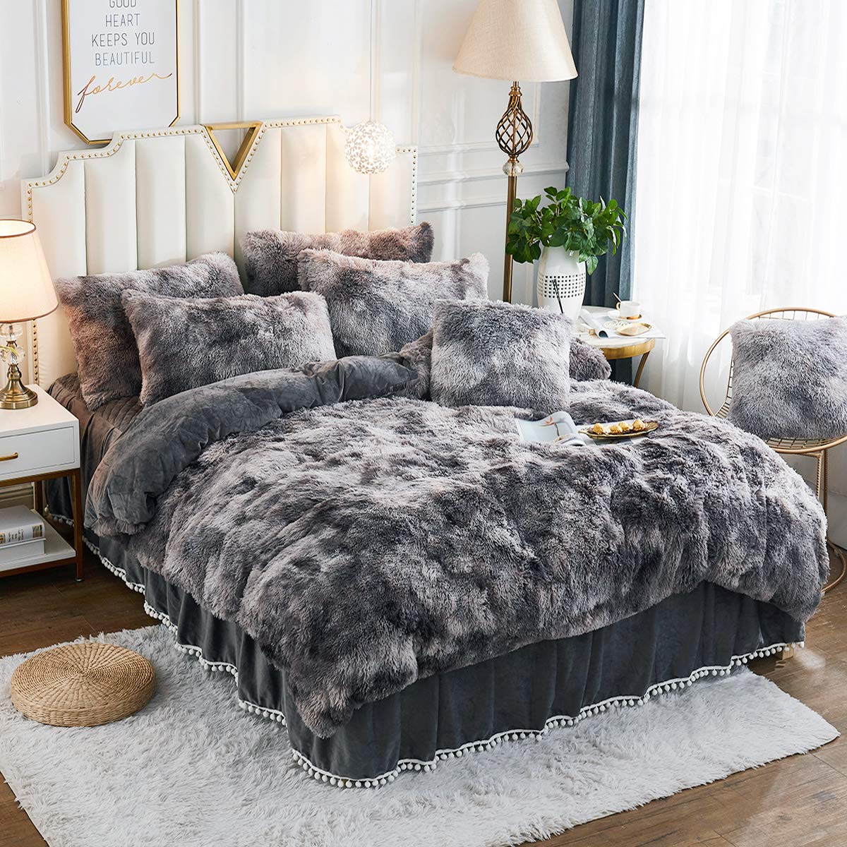 Jauxio Luxury Abstract Faux Fur Bedding Set Tie Dye Printed Shaggy Duvet Cover With Pillow Shams Soft Crystal Velvet Reverse (Ki
