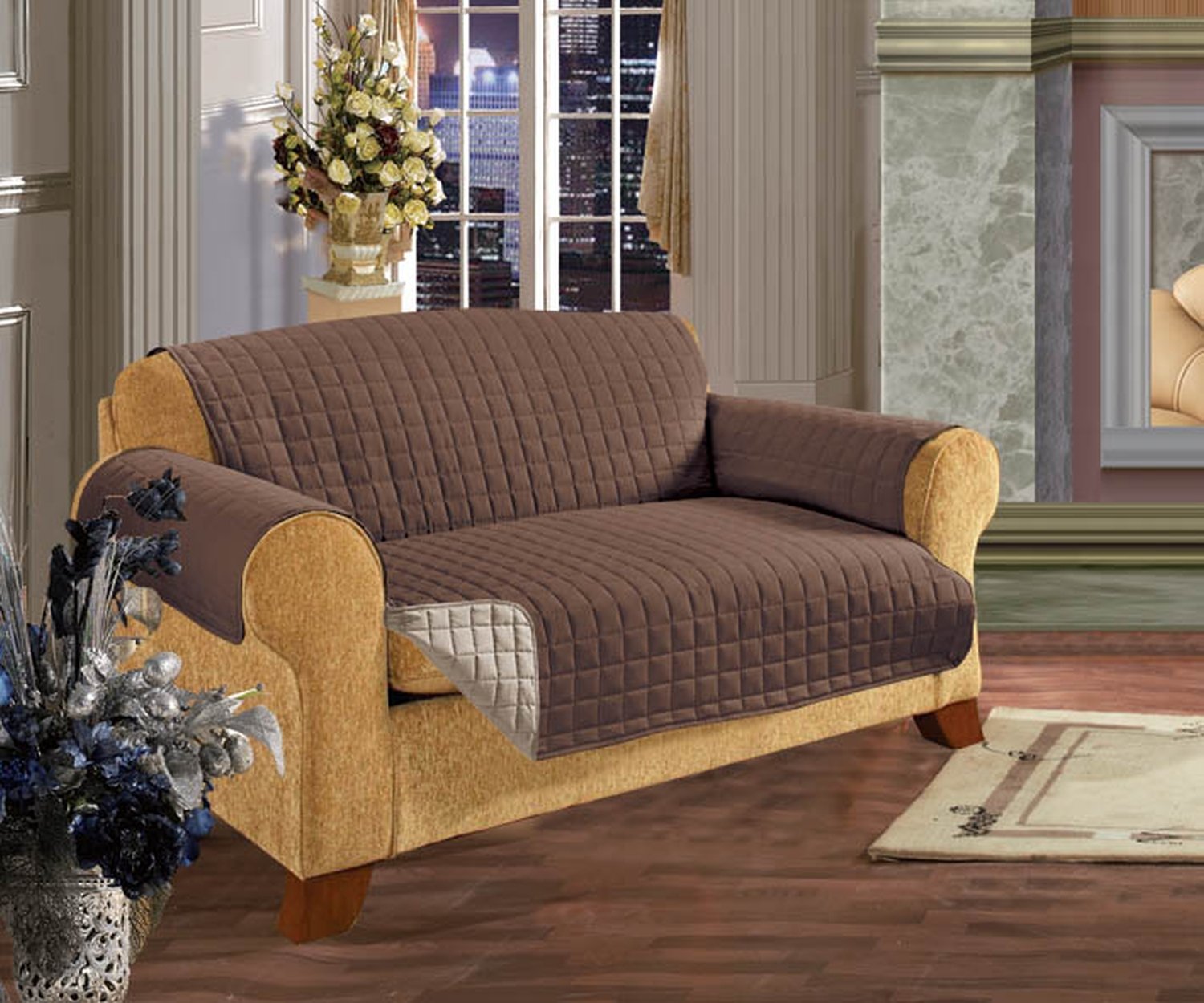 Elegance Linen Quilted Pet Dog Children Kids - Furniture Protector- Microfiber Slip Cover Chocolate Sofa