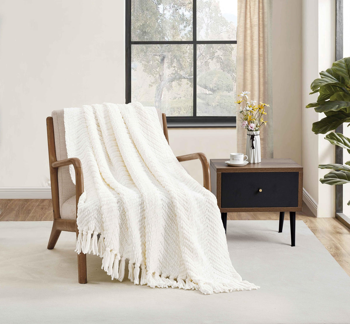 Crevent 50''X60'' Farmhouse Breathable Soft Chenille Knitted Textured Throw Blanket For Couch Chair Bed, Boho Home Decor For Liv