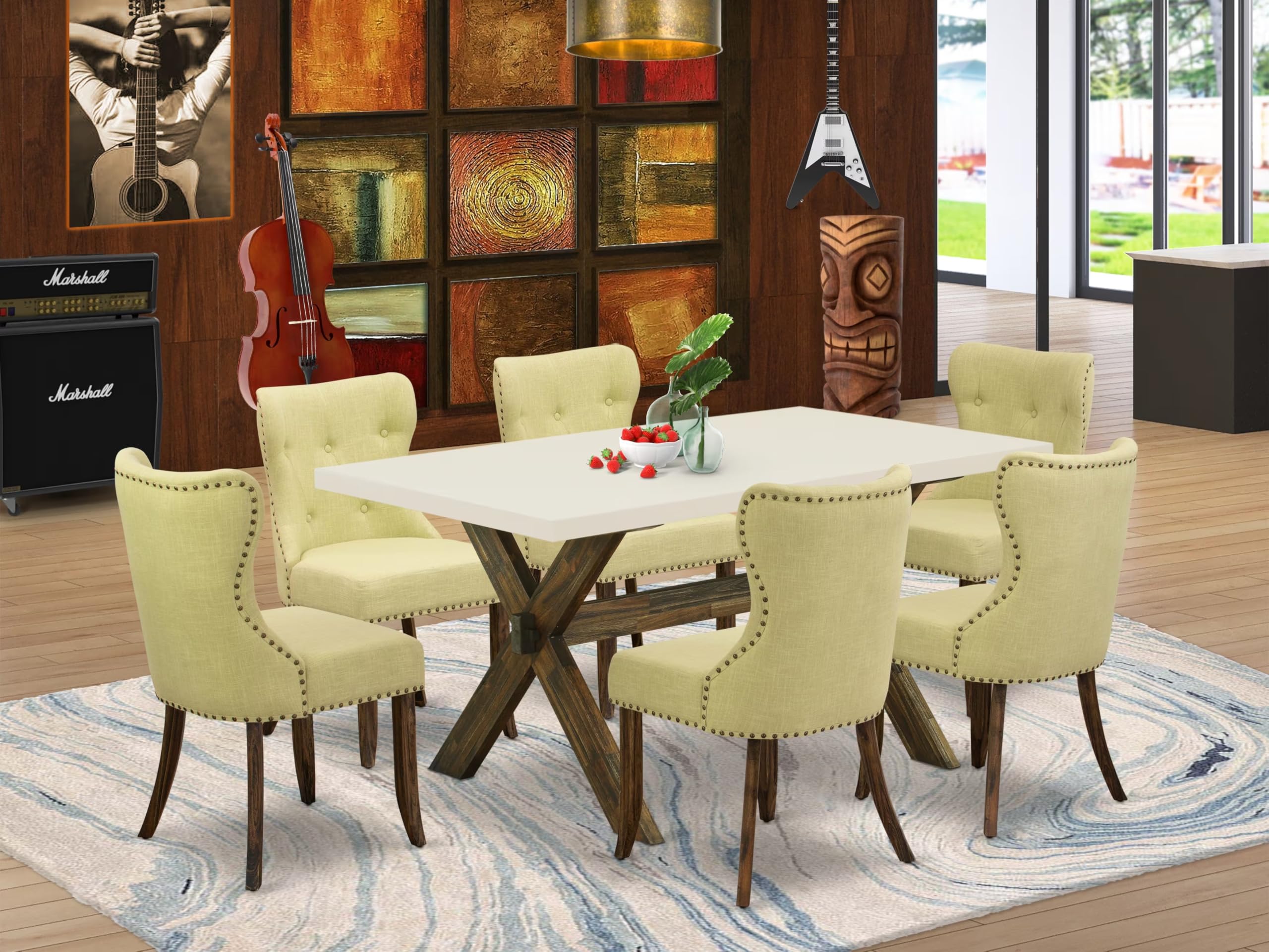 East West Furniture X726Si737-7 7 Piece Dining Set Consist Of A Rectangle Dining Room Table With X-Legs And 6 Limelight Linen Fabric Upholstered Parson Chairs, 36X60 Inch, Multi-Color