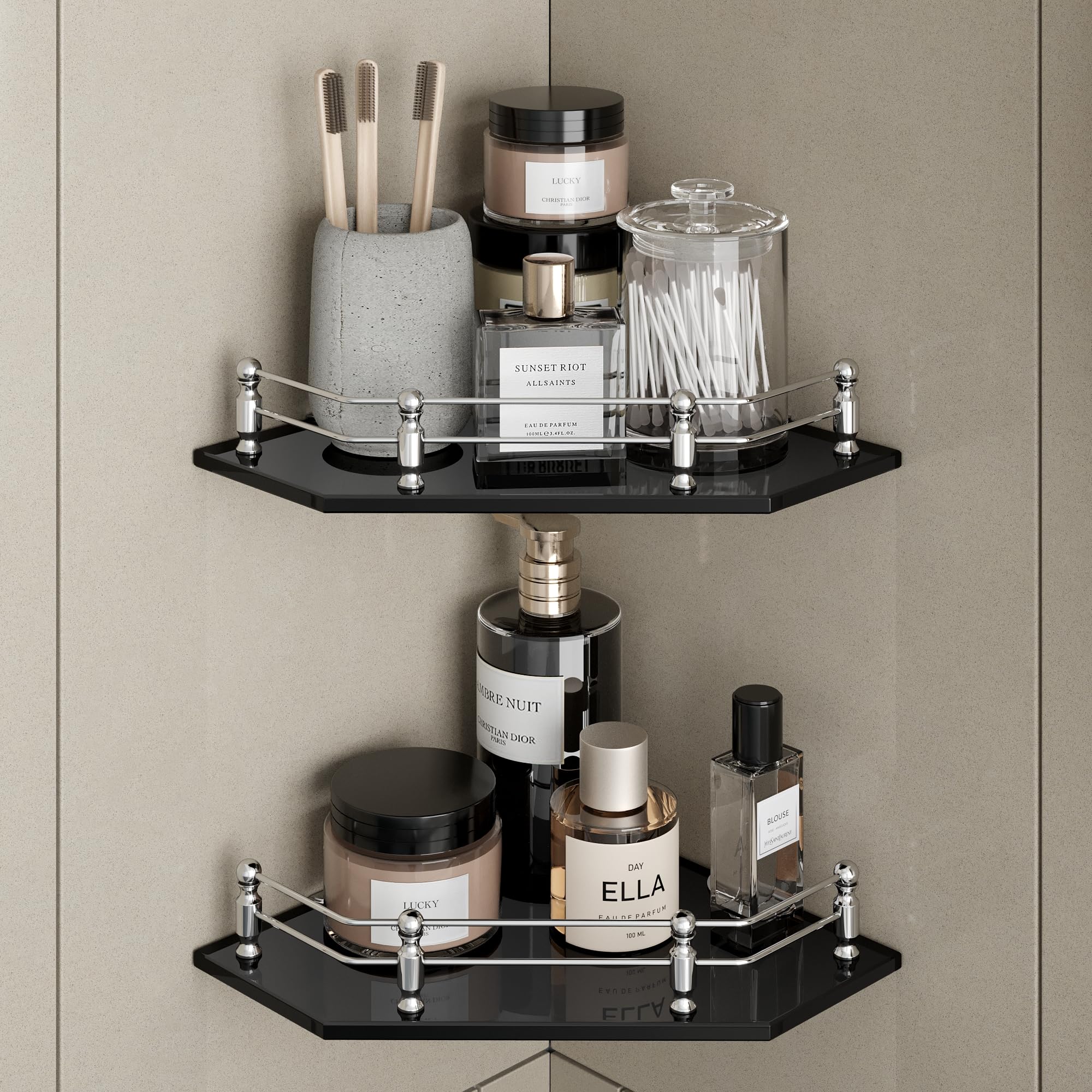Usf 9X9 Inches Glass Corner Shelf | Bearing Upto 10 Kg Weight | Bathroom Corner Rack | Black Finish | Wall Mounted Glass Corner 
